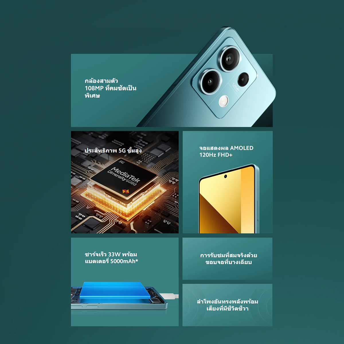 Xiaomi Redmi Note 13 5G 8+256/12+512GB MediaTek Dimensity6080 6.67" FHD+ 120Hz หน้าจอ AMOLED 108MP พิกเซล