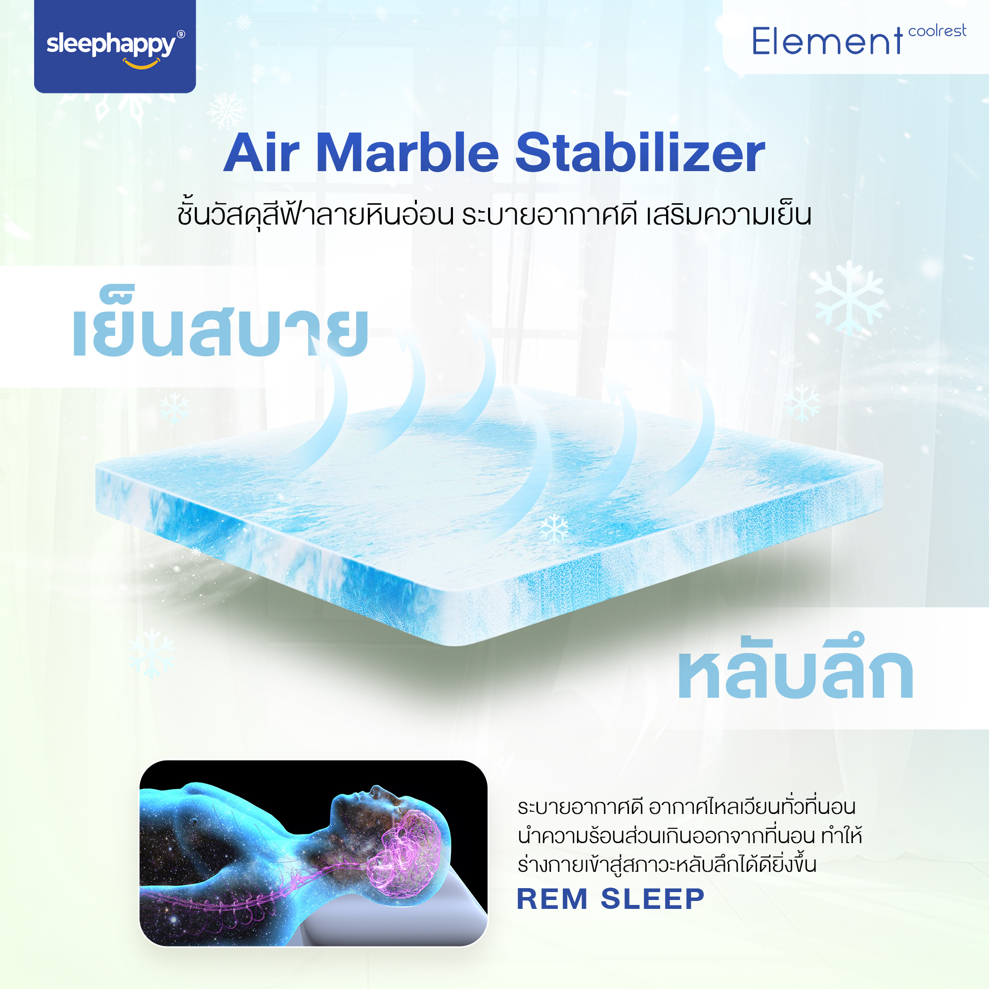 SleepHappy รุ่น Element CoolRest ที่นอนยางพาราธรรมชาติแท้ 100% สัมผัสเย็น หนา 9.5 นิ้ว รองรับสรีระ ลดอาการปวดหลัง