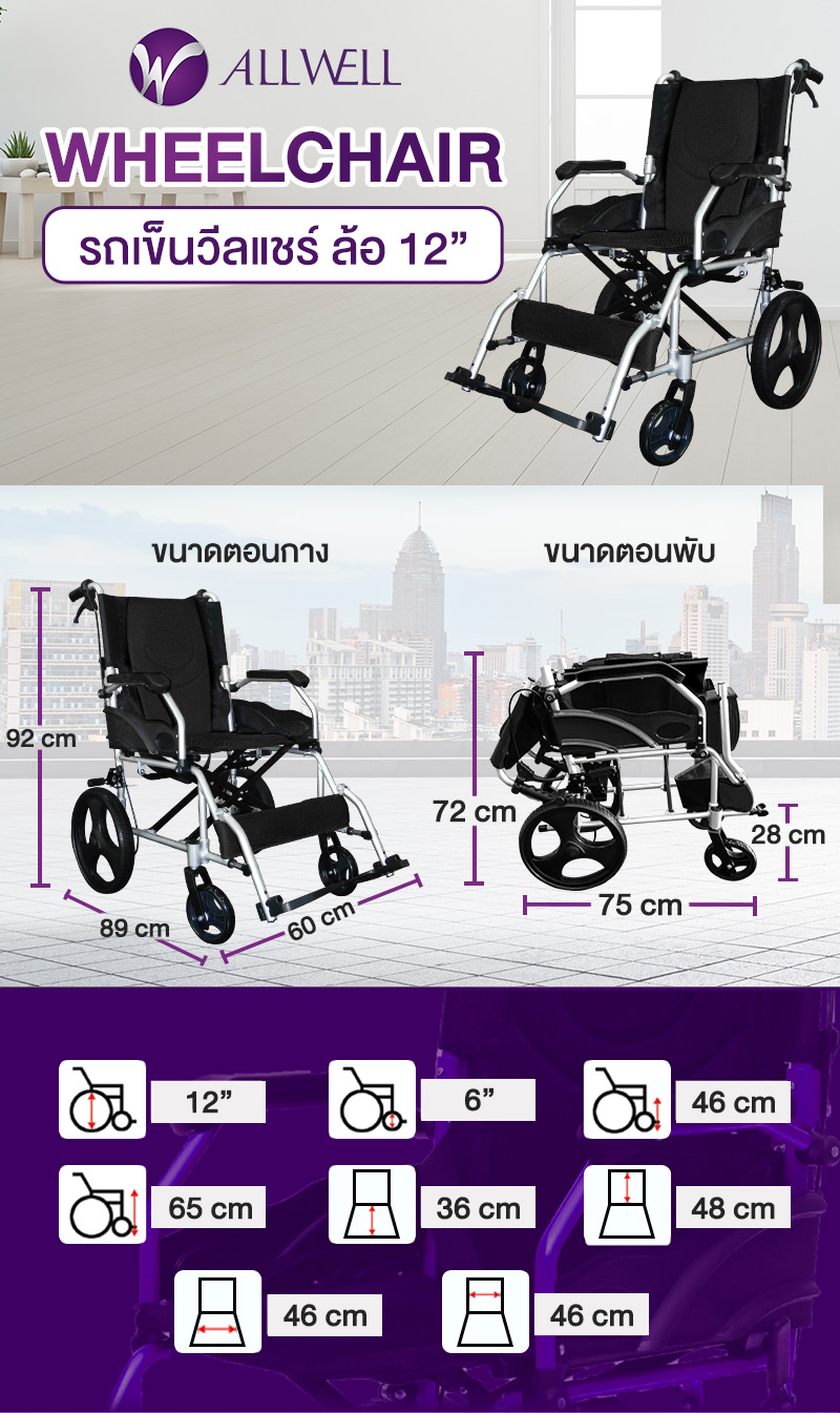 Allwell รถเข็นวีลแชร์ เกรดเครื่องมือแพทย์ รับประกัน 1 ปี รถเข็นผู้สูงอายุ รถเข็นผู้ป่วย Wheelchair
