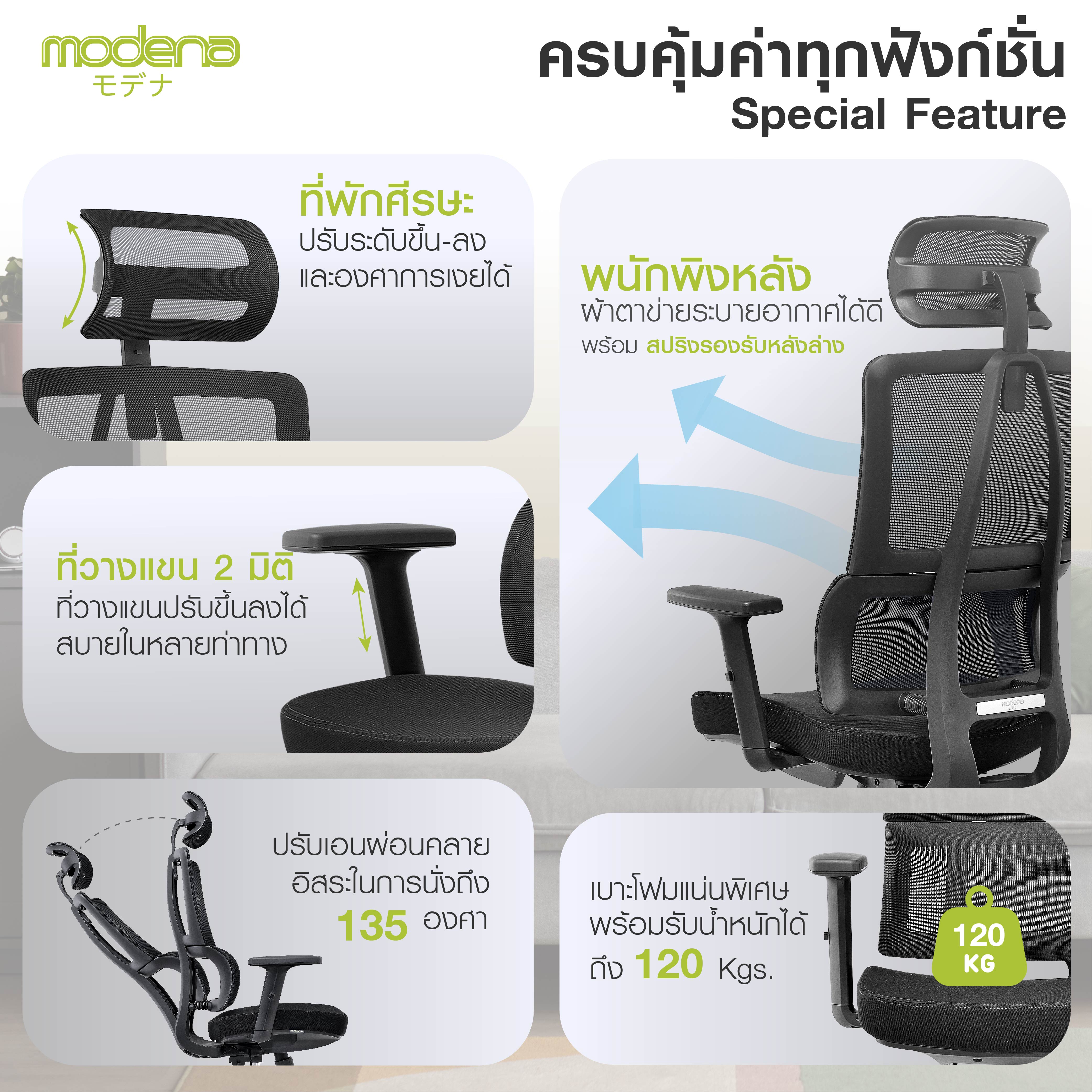Modena เก้าอี้สุขภาพ รุ่น Kama Plus เก้าอี้สีดำ เก้าอี้ทำงานเพื่อสุขภาพ Ergonomic Chair นุ่มสบาย ตามหลักสรีระศาสตร์ ราคาดีระบายอากาศดีเยี่ยม รองรับน้ำหนัก 120 kg.