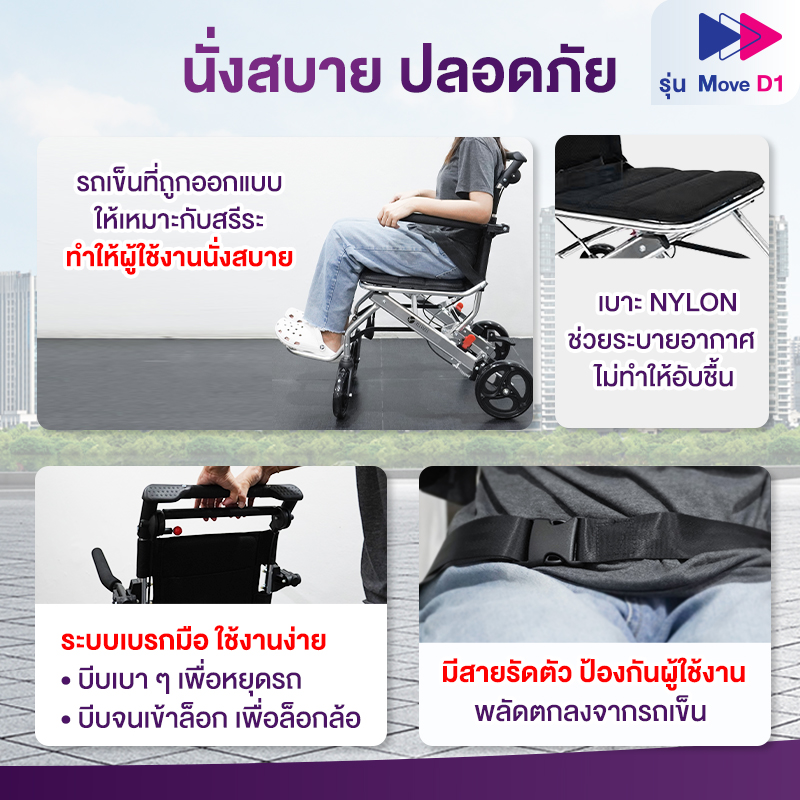 Allwell รถเข็นผู้ป่วย น้ำหนักเบาที่สุด เกรดเครื่องมือแพทย์ วีลแชร์ พับได้ รุ่น Move D1 รับประกัน 1 ปี