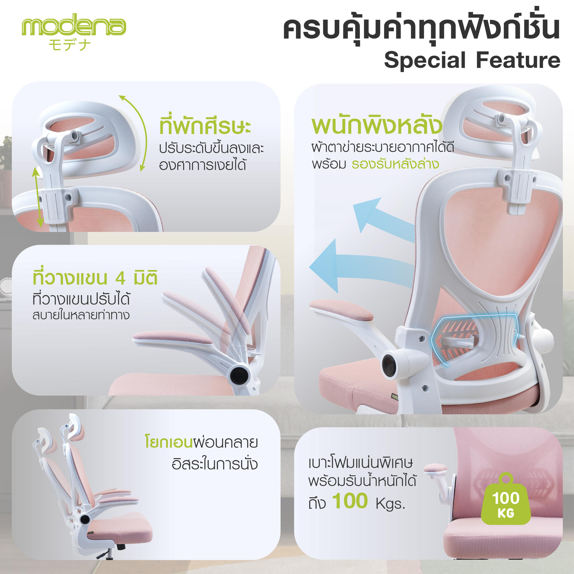 Modena Ally เก้าอี้เพื่อสุขภาพ เกรดคุณภาพ เก้าอี้สุขภาพ Ergonomic Chair ลดอาการปวดเมื่อย รองรับน้ำหนัก 100 kg. เก้าอี้ทำงาน เก้าอี้สำนักงาน