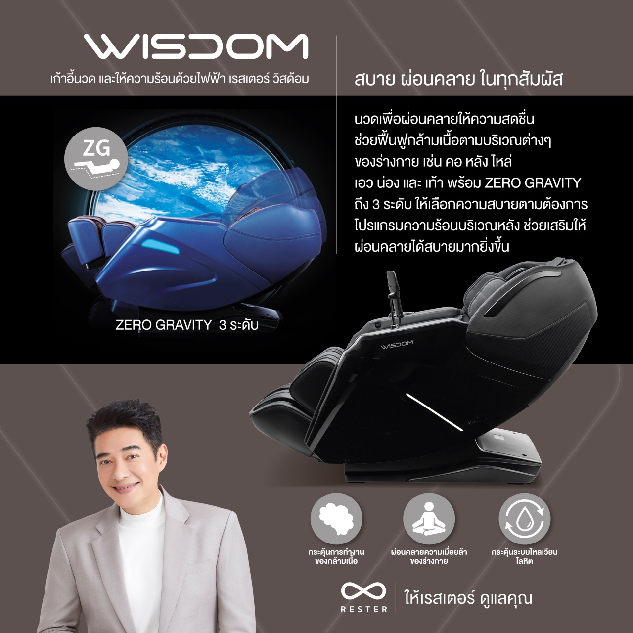 Rester Wisdom เก้าอี้นวดไฟฟ้า โปรแกรมอัตโนมัติ ระบบสแกนร่างกาย (Body Scan) ปรับตำแหน่งการนวด ระบบ Zero Gravity บรรเทาอาการปวดหลัง ฟื้นฟูร่างกาย ผ่อนคลายกล้ามเนื้อ ลดความเครียด โซฟานวดไฟฟ้า ผ่อนคลายความเหนื่อยล้า