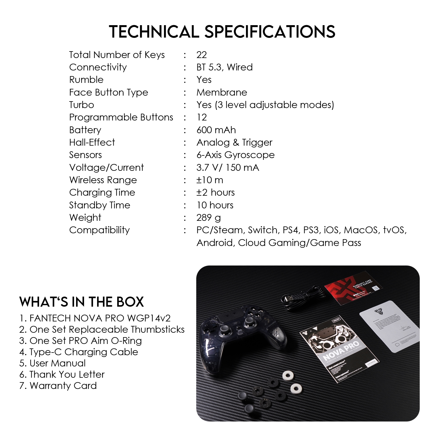FANTECH NOVA PRO WGP14 V2 Joystick จอยเกมมิ่งไร้สาย BT รองรับ PC/Steam, Switch, PS3, PS4