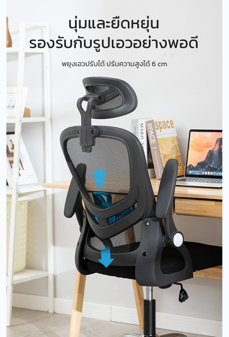 Deli เก้าอี้ออฟฟิศ เก้าอี้สำนักงาน ที่นั่งทำงาน เก้าอี้สีดำ ระบายอากาศดีเยี่ยม พนักพิงศรีษะ2D ที่รองเอวปรับได้ ลดการปวดคอ ไหล่ ergonomic Office Chair