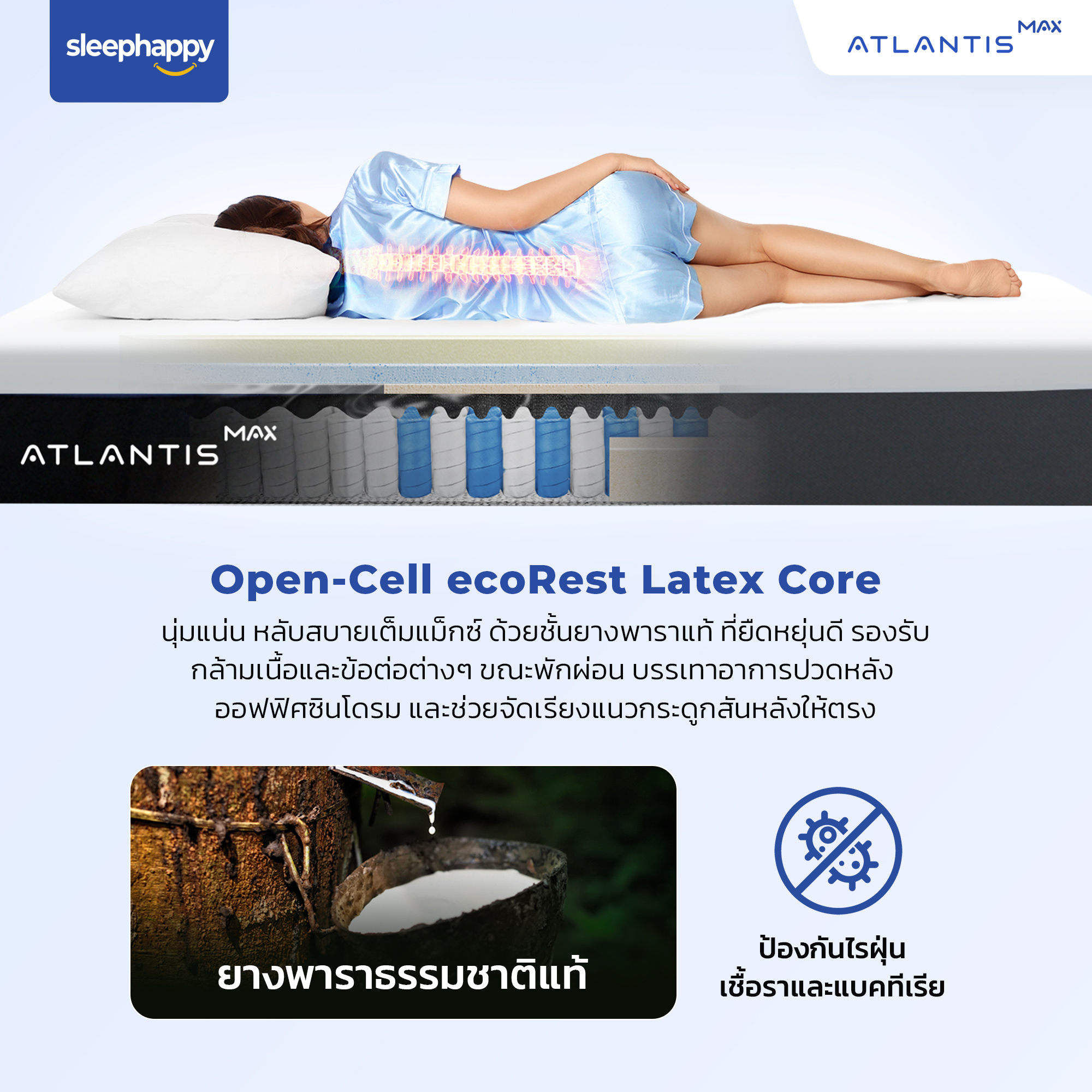 SleepHappy รุ่น Atlantis MAX ที่นอนยางพาราแท้ 100% ผ้าหุ้มเย็น Dynamic Cooling MAX Fabric เสริม Pocket Spring 7 Zone เพื่อการนอนหลับที่สมบูรณ์แบบ