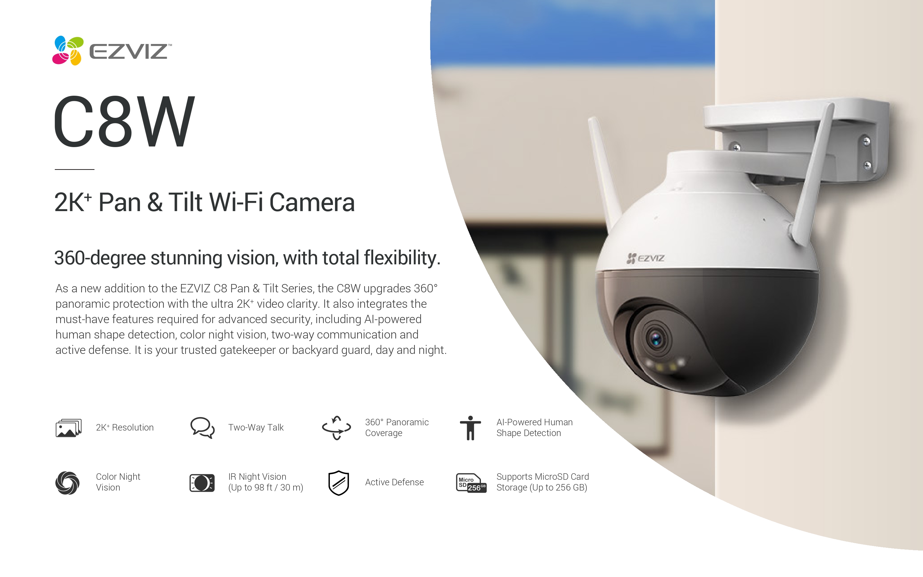 Ezviz รุ่น C8W (4MP) PT Wi-Fi 2K+ Pan & TItt กล้องวงจรปิดภายนอก ภาพสี ...