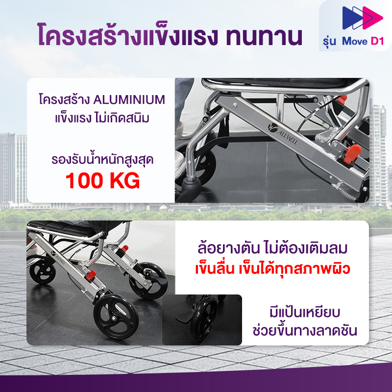Allwell รถเข็นผู้ป่วย น้ำหนักเบาที่สุด เกรดเครื่องมือแพทย์ วีลแชร์ พับได้ รุ่น Move D1 รับประกัน 1 ปี