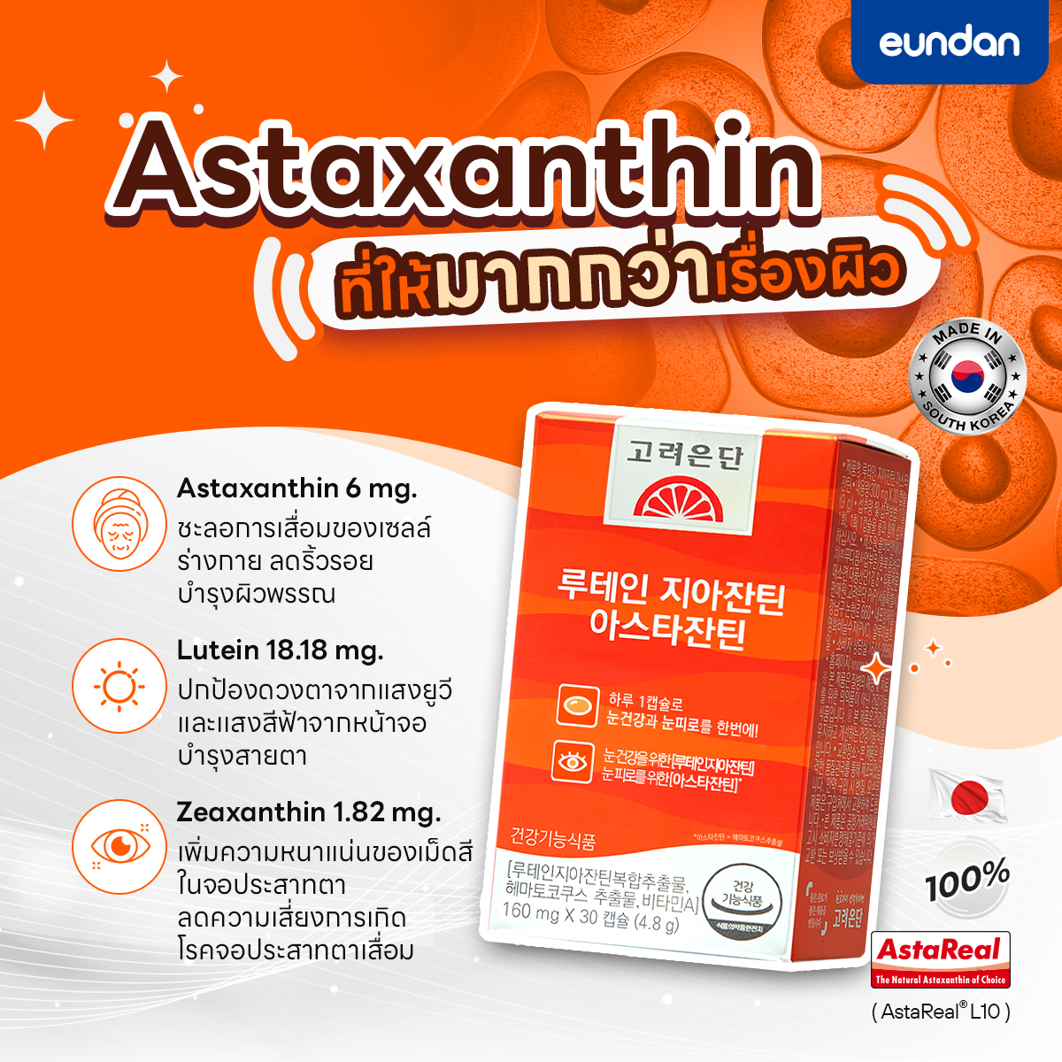 Eundan Korea Astaxanthin 6mg Lutein Zeaxanthin (Astareal L10) 1 กล่อง 30 เม็ด สาหร่ายแดงฮีมาโตค็อกคัส พลูวิเอลิส