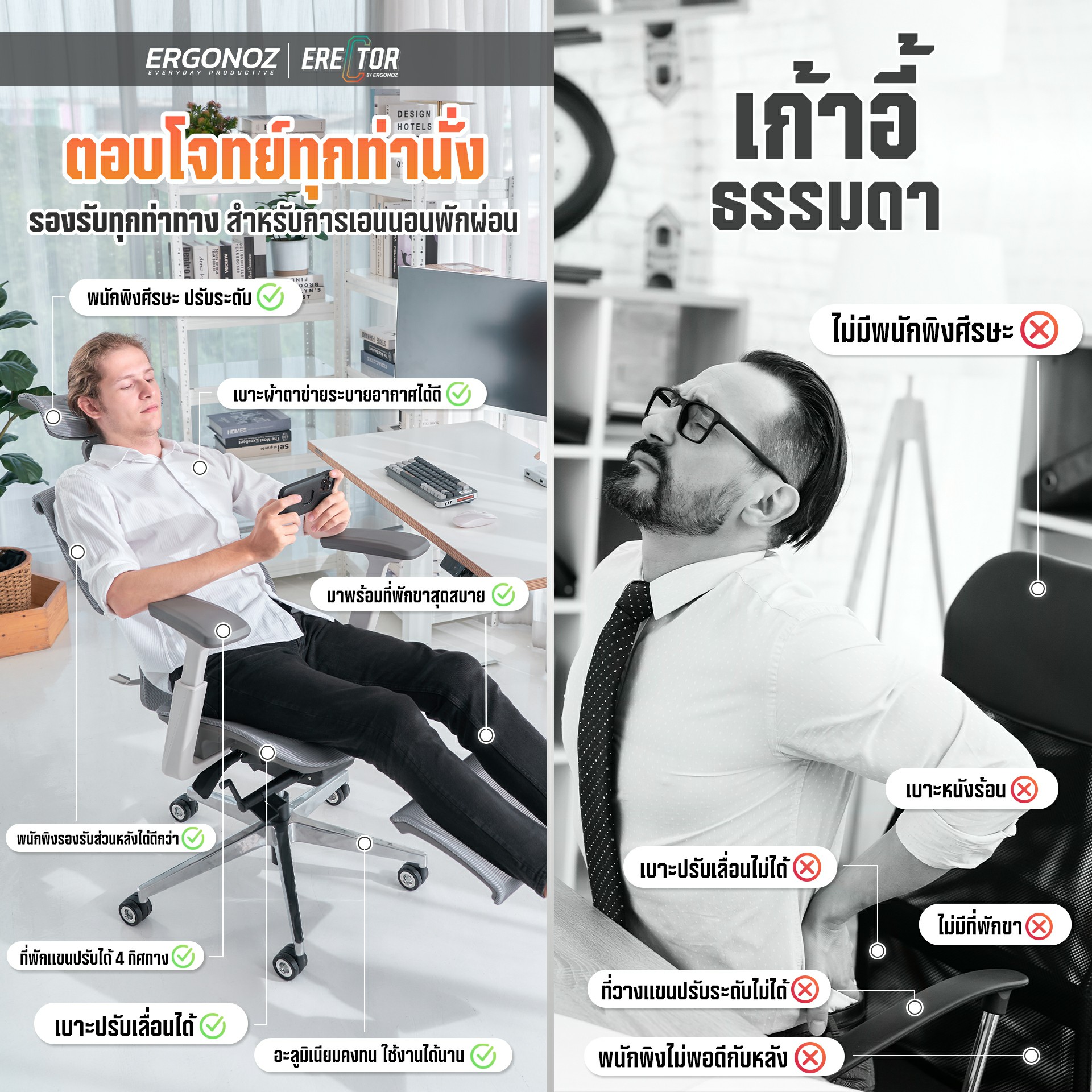 ERGONOZ รุ่น ERECTOR Professional เก้าอี้สีเทา เก้าอี้สีดำ Ergonomic chair เก้าอี้ทำงาน เก้าอี้คอมพิวเตอร์ เพื่อสุขภาพ รองรับน้ำหนักได้ 136 Kg.