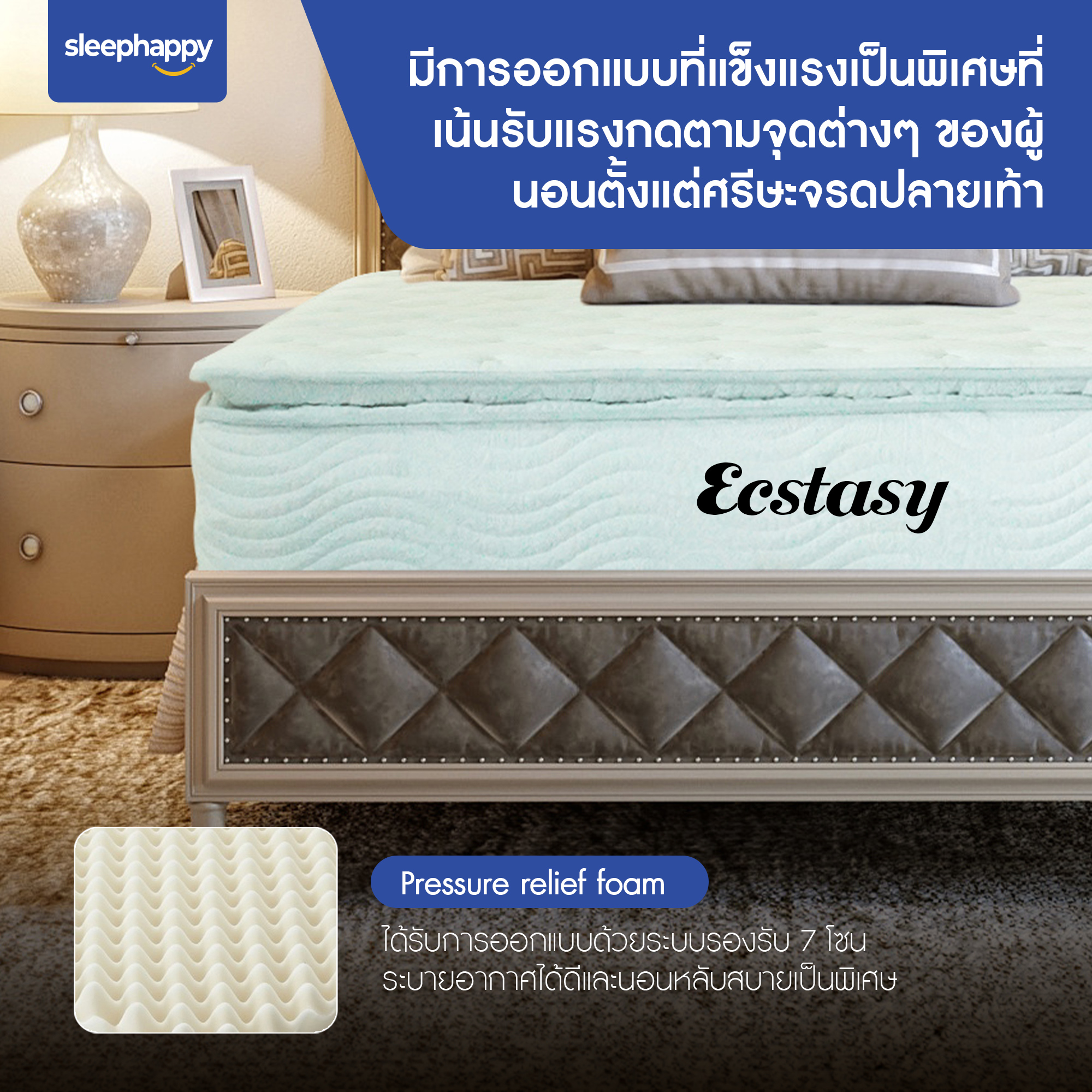 SleepHappy รุ่น Ecstasy ที่นอนพ็อกเก็ตสปริงผสานยางพารา หนา 12 นิ้ว เสริม Pillow top สัมผัสนุ่มแน่น ยกระดับการนอนเทียบเท่าโรงแรม 5 ดาว