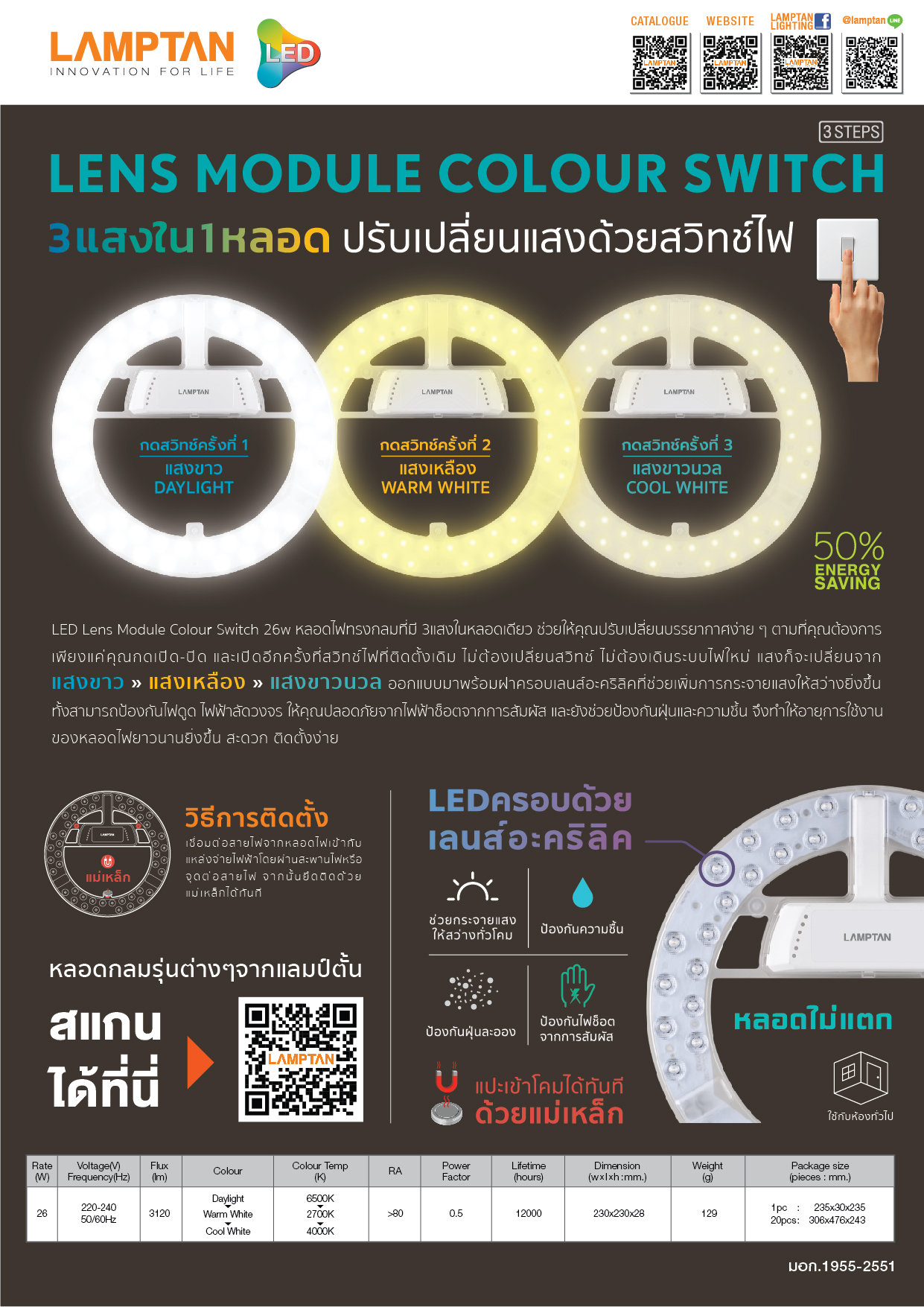 LAMPTAN หลอดไฟกลม LED Lens Module Colour Switch 26W 3แสงในหลอดเดียว ...