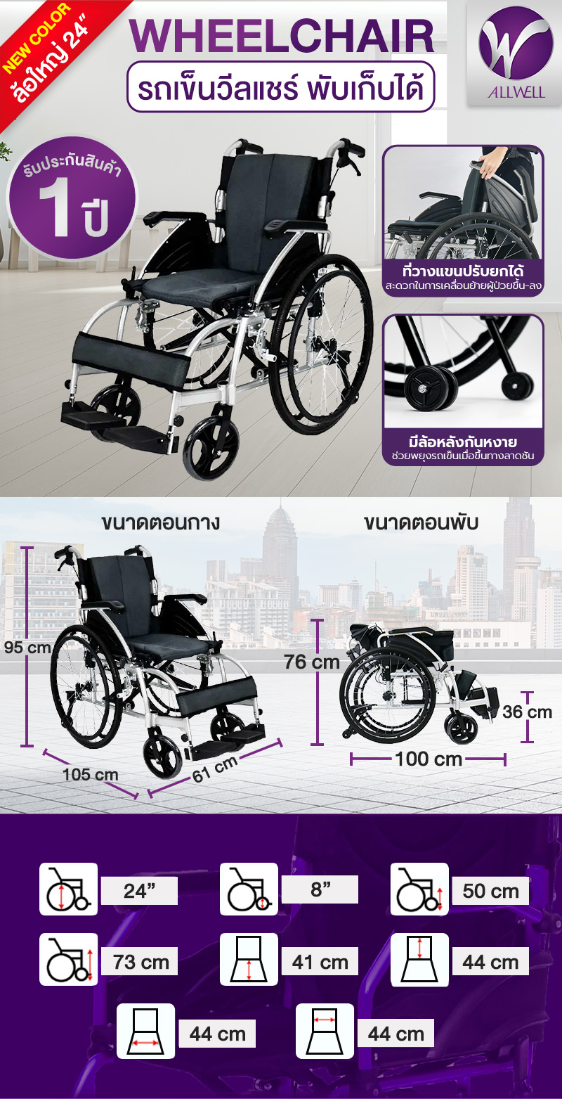 Allwell รถเข็นวีลแชร์ เกรดเครื่องมือแพทย์ มีล้อหลังกันหงาย ที่พักแขนปรับได้ รับประกัน 1ปี Wheelchair