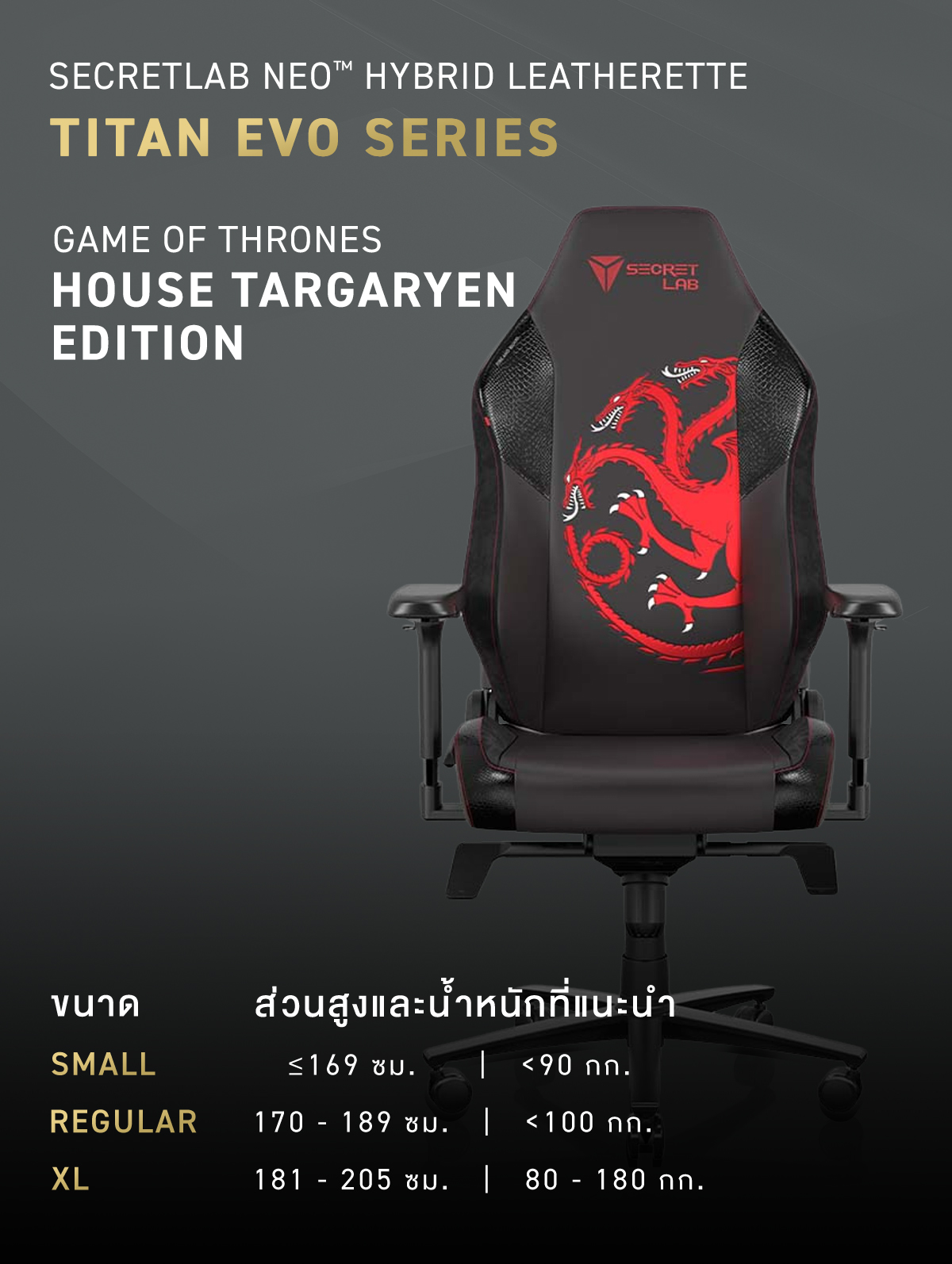 Secretlab TITAN Evo —Game of Thrones House Targaryen Edition (Size R) เก้าอี้เกมมิ่งเพื่อสุขภาพ Ergonomic Gaming Chair