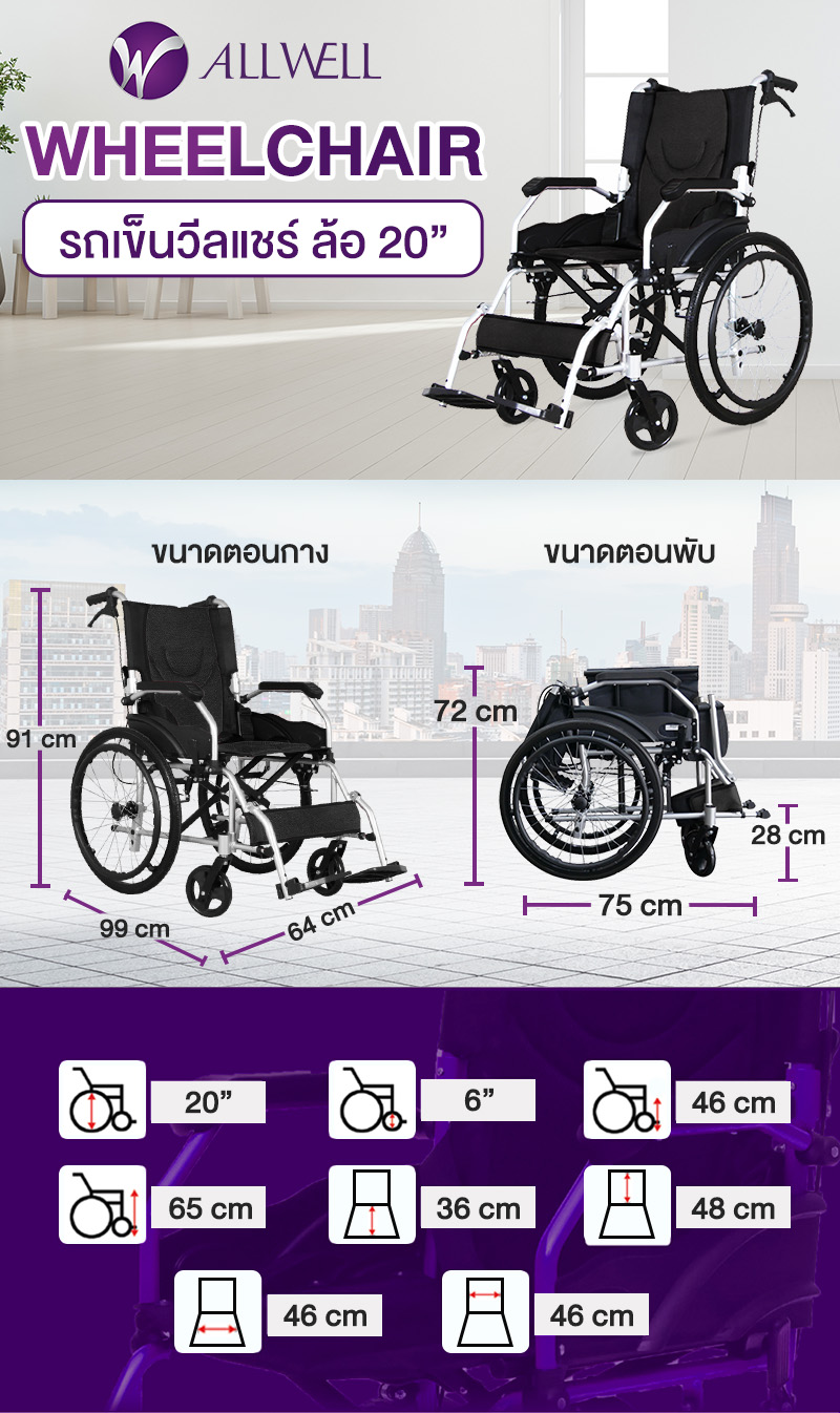Allwell รถเข็นวีลแชร์ เกรดเครื่องมือแพทย์ รับประกัน 1 ปี รถเข็นผู้สูงอายุ รถเข็นผู้ป่วย Wheelchair