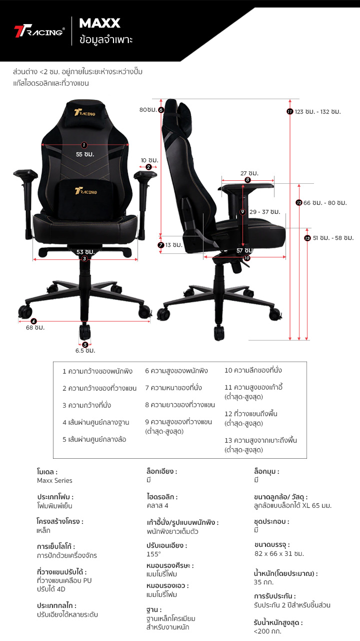 TTRacing Maxx Gaming Chair เก้าอี้เกมมิ่ง เก้าอี้สีเทา สีดำ นั่งสบาย ปรับเอนได้ 155 องศา, หมอนรองคอและเอวเมมโมรี่โฟมกำมะหยี่