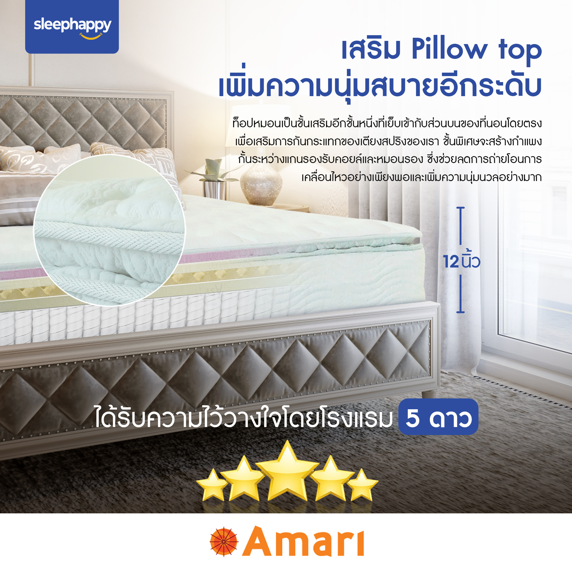 SleepHappy รุ่น Ecstasy ที่นอนพ็อกเก็ตสปริงผสานยางพารา หนา 12 นิ้ว เสริม Pillow top สัมผัสนุ่มแน่น ยกระดับการนอนเทียบเท่าโรงแรม 5 ดาว