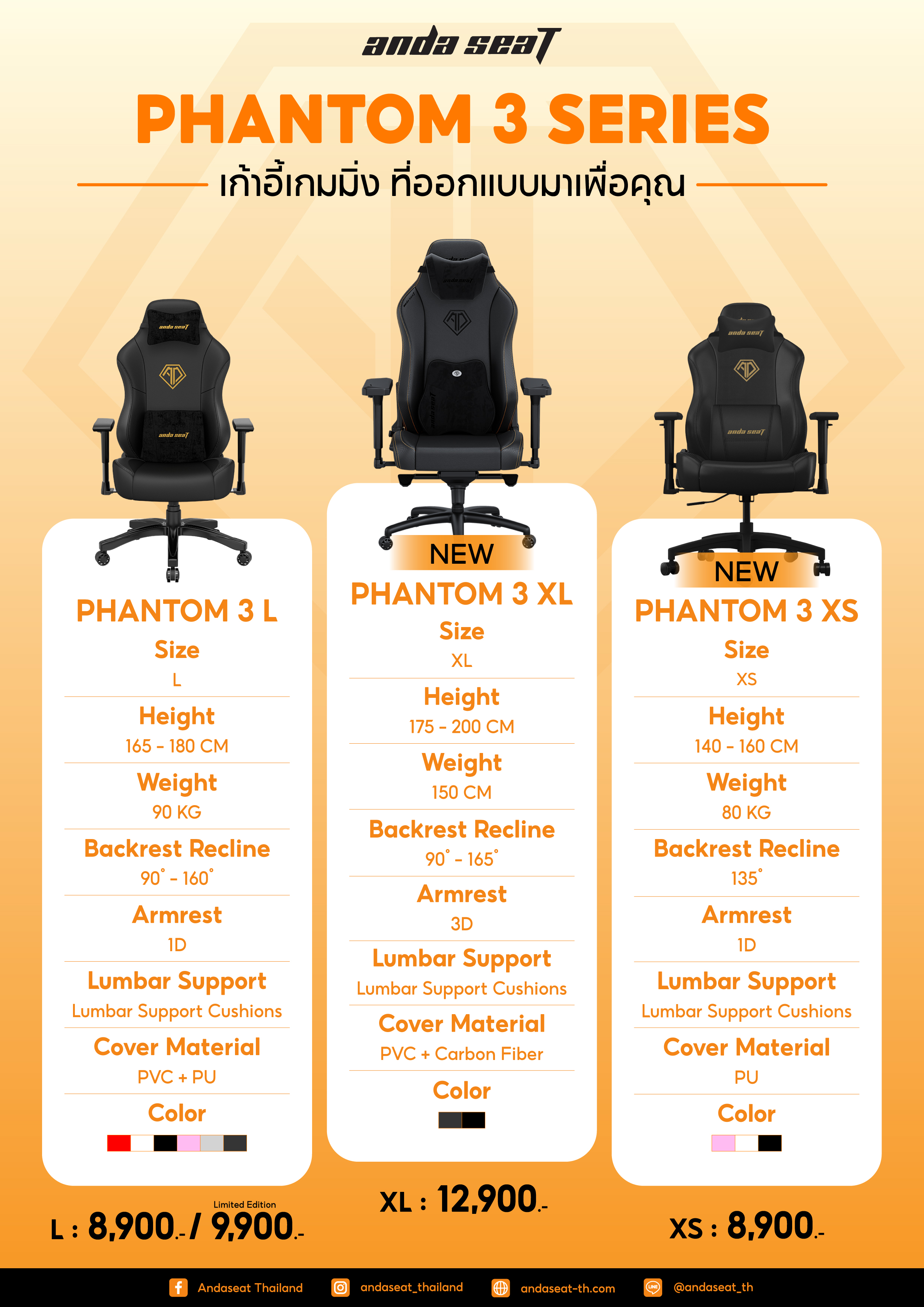 Anda Seat Phantom 3 Series XL Premium Gaming Chair เก้าอี้สีดำ รุ่น (AD18XL-52-B) อันดาซีท เก้าอี้เกมมิ่งเพื่อสุขภาพ Ergonomic เก้าอี้เบาะ นุ่ม ระบายอากาศดีเยี่ยม