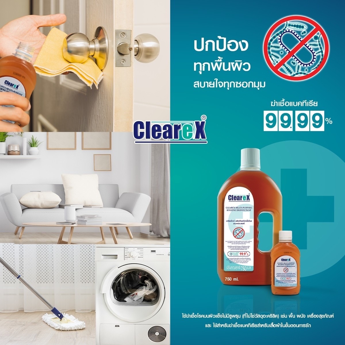 CLEAREX เคลียเร็กซ์ น้ำยาฆ่าเชื้อโรคอเนกประสงค์ 750 มล. ฆ่าเชื้อได้ 99. ...