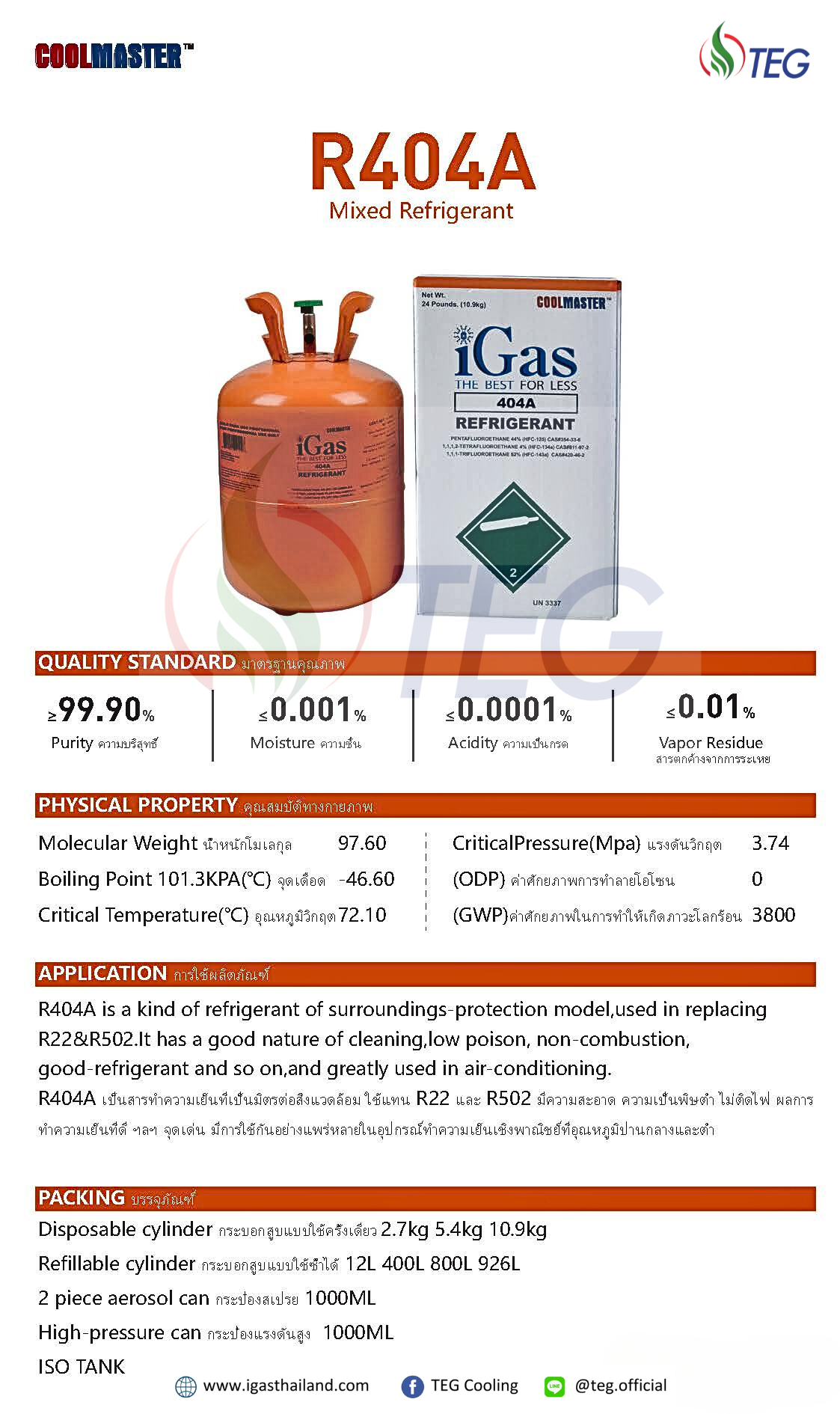iGas Refrigerant R404A น้ำยาแอร์ R404A ยี่ห้อ iGas ขนาดบรรจุ 10.9 กก ...