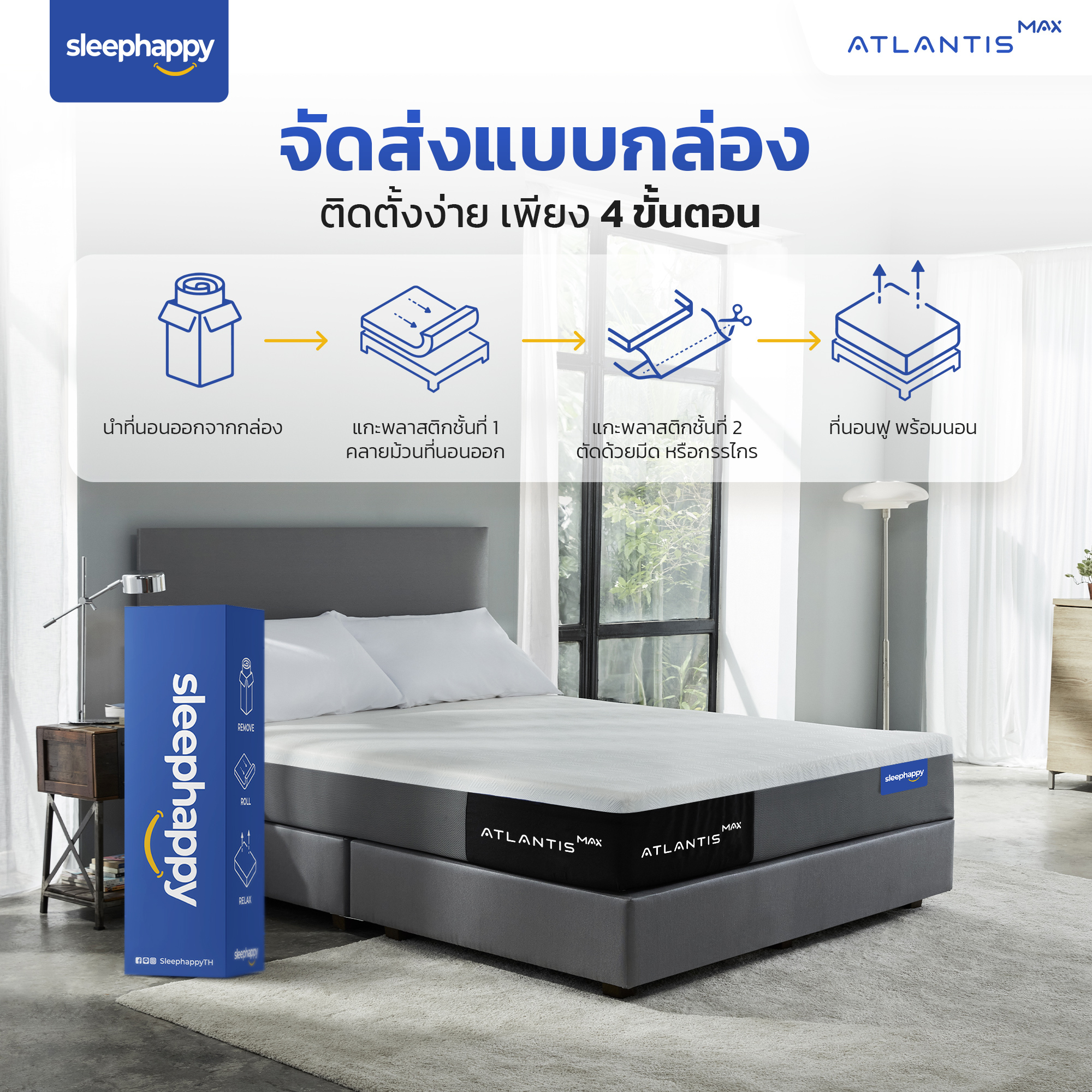 SleepHappy รุ่น Atlantis MAX ที่นอนยางพาราแท้ 100% ผ้าหุ้มเย็น Dynamic Cooling MAX Fabric เสริม Pocket Spring 7 Zone เพื่อการนอนหลับที่สมบูรณ์แบบ