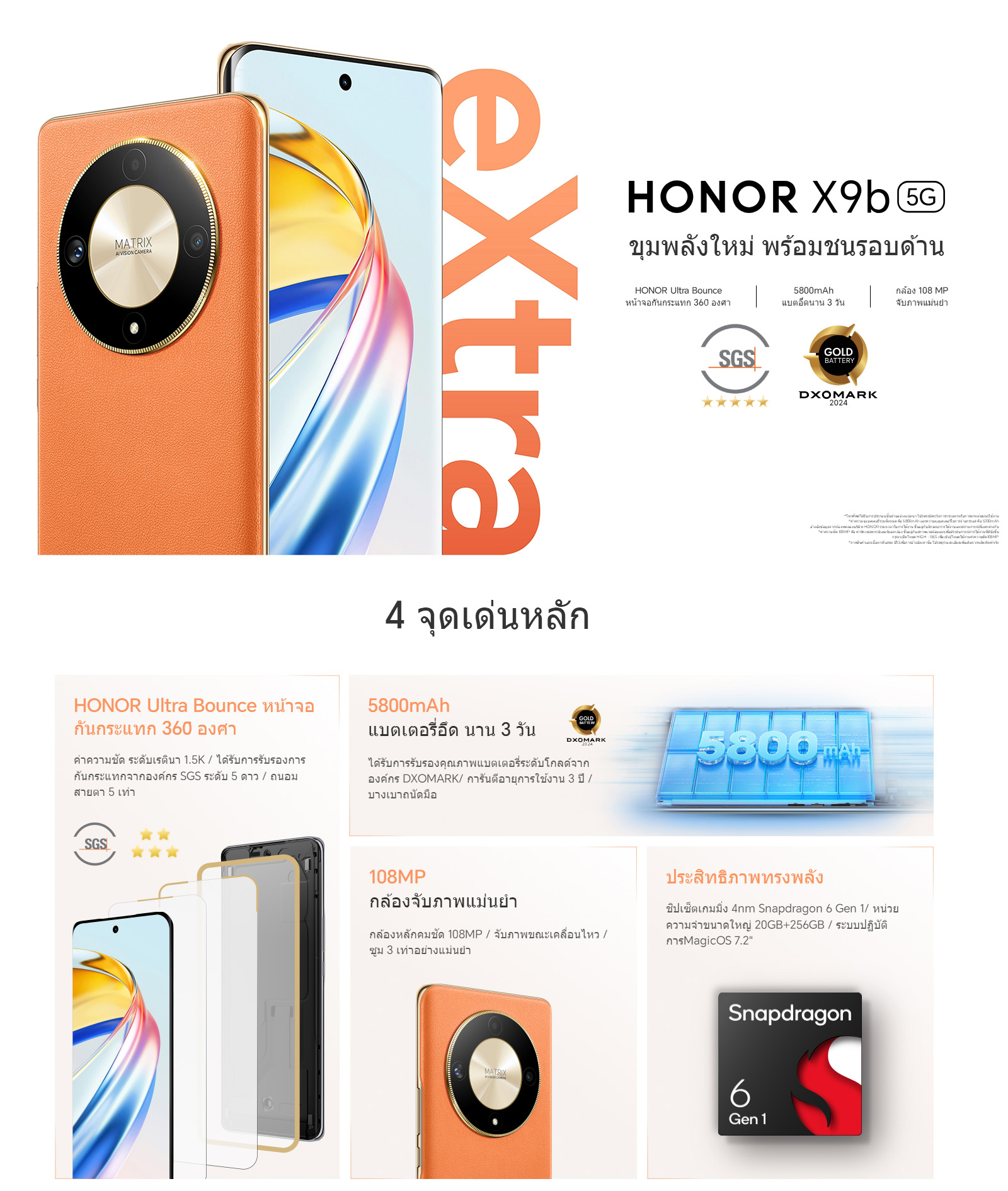 HONOR X9b 5G | 12+256GB | หน้าจอ 120Hz 6.78" Amoled 1.5 K | แบตเตอรี่ 5800 mAh