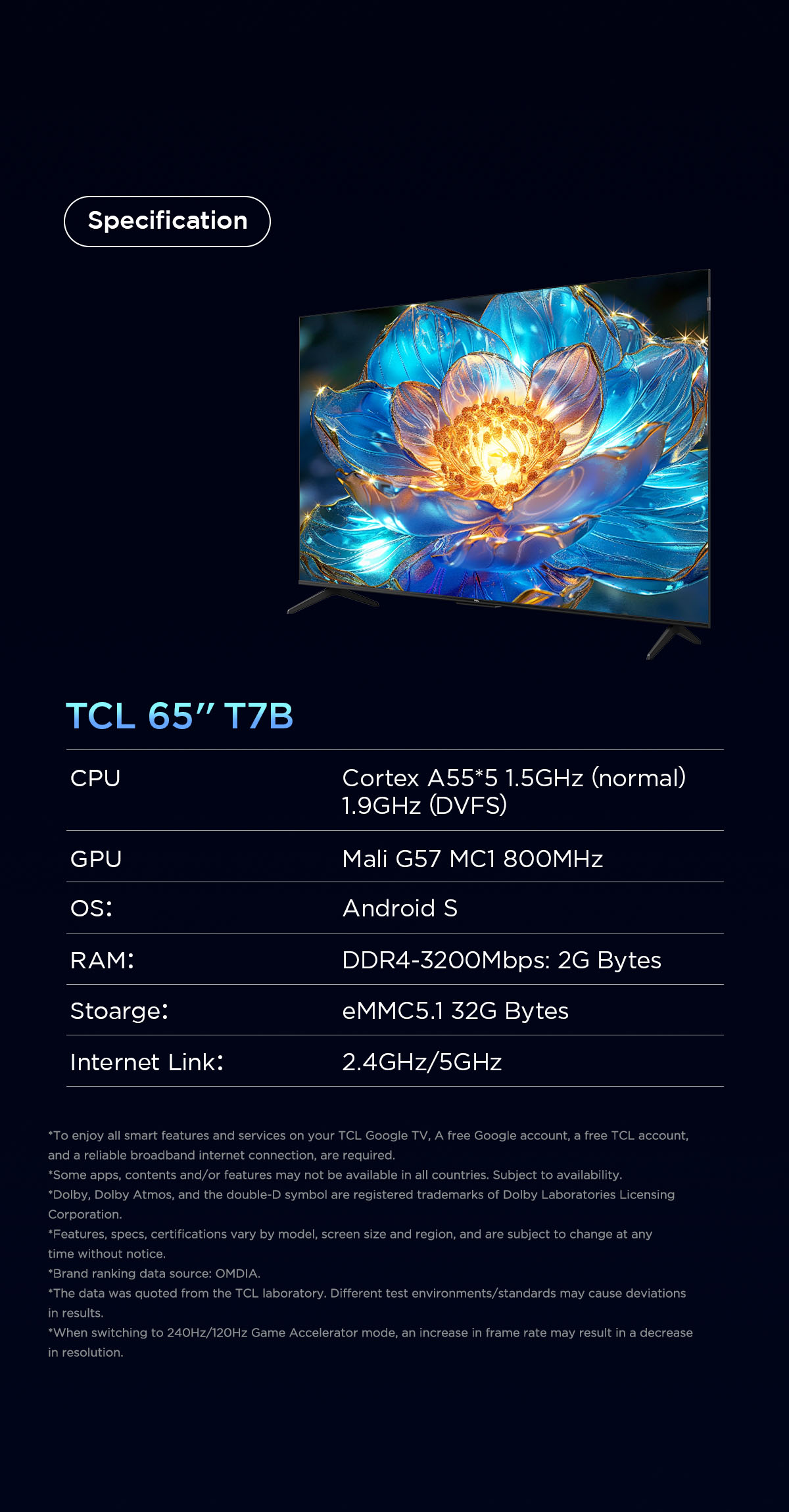 TCL รุ่น 65T7B TV ทีวี ขนาด 65 นิ้ว QLED 4K Google TV ระบบปฏิบัติการ Google/Netflix &Youtube & MEMC 60Hz VRR 120Hz ALLM
