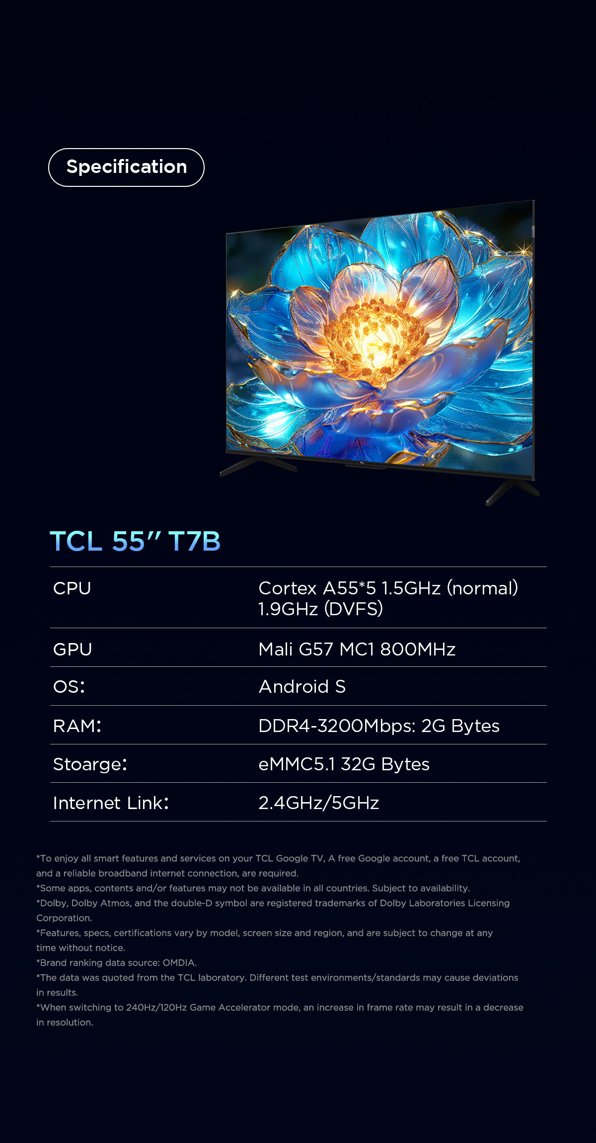 TCL TV รุ่น 55T7B ทีวี ขนาด 55 นิ้ว QLED 4K Google TV ระบบปฏิบัติการ Google/Netflix & Youtube & MEMC 60Hz VRR 120Hz ALLM