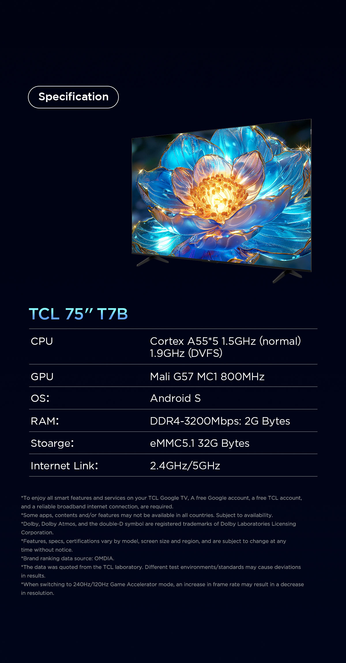 TCL 2024 TV ทีวี ขนาด 75 นิ้ว QLED 4K Google TV รุ่น 75T7B ระบบปฏิบัติการ Google/Netflix & Youtube & MEMC 60Hz VRR 120Hz ALLM