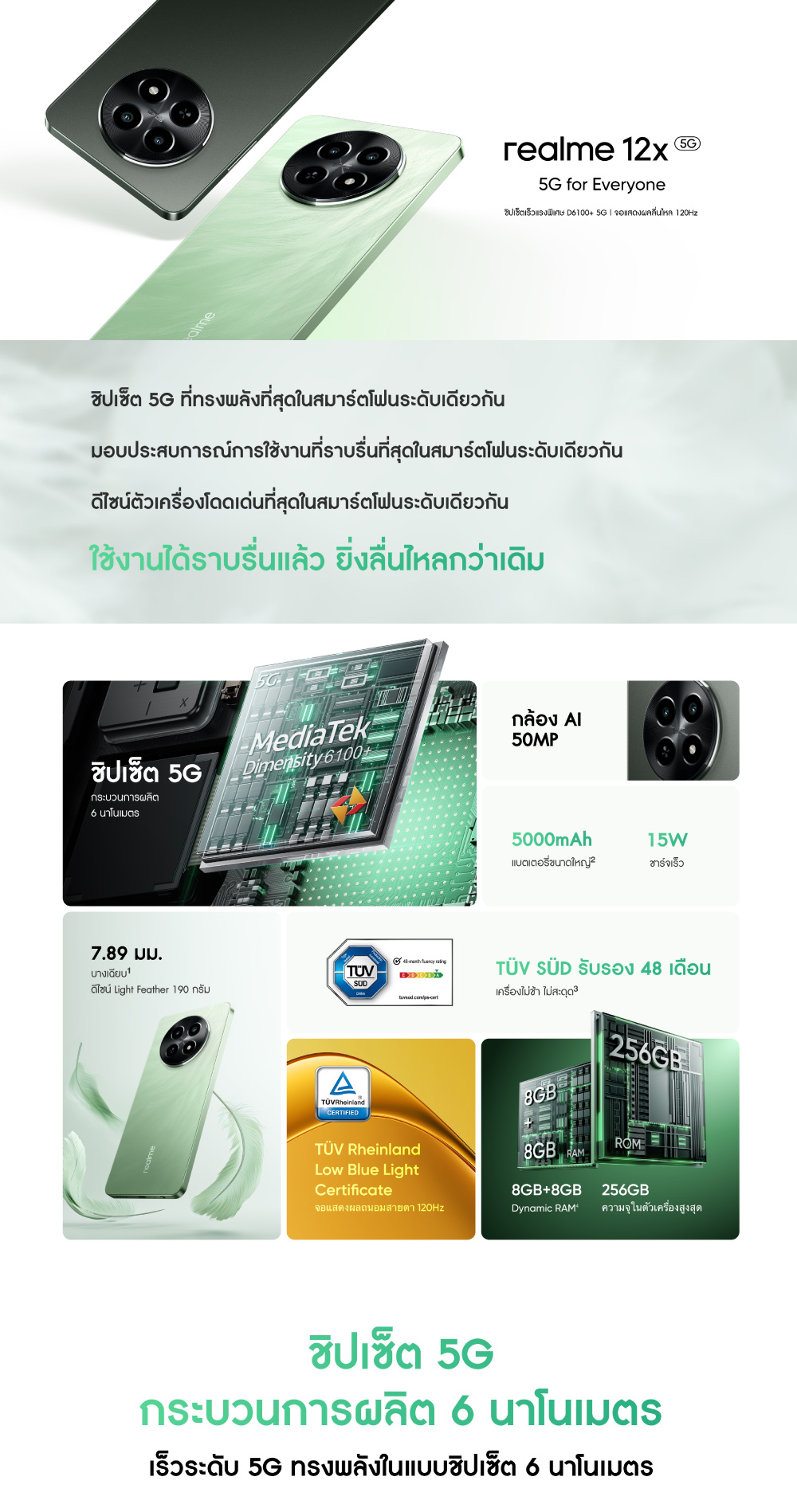 realme 12x 5G(6+128GB)ชิปเซ็ตเร็วแรงพิเศษ 6100+5G 6nm กล้อง AI 50MP ดีไซน์บาง7.89 มม. จอแสดงผล 120Hz