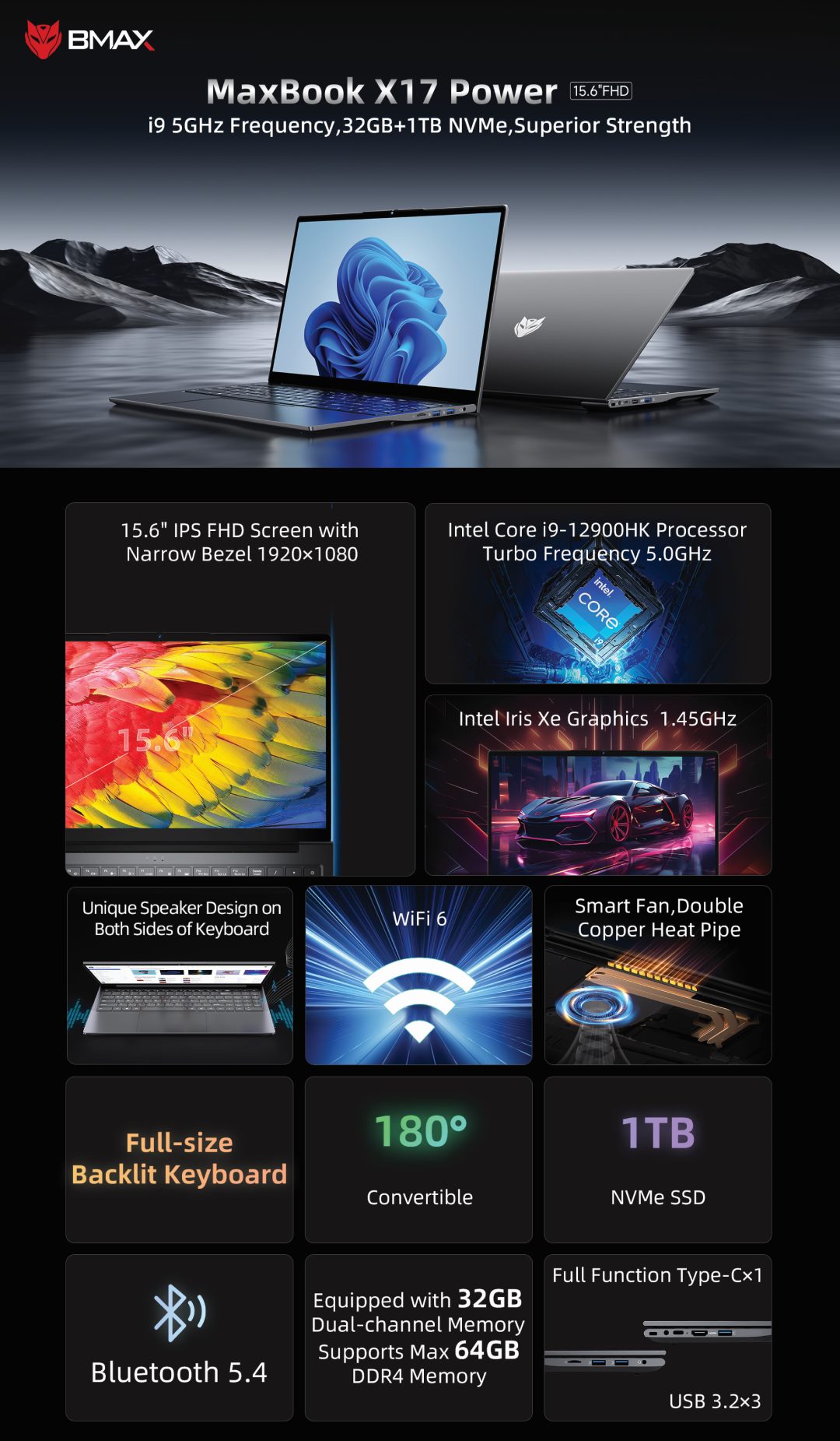 NEW BMAX X17 Power โน๊ตบุ๊คหน้า จอ15.6 นิ้ว Windows 11 Intel Core i9 ...