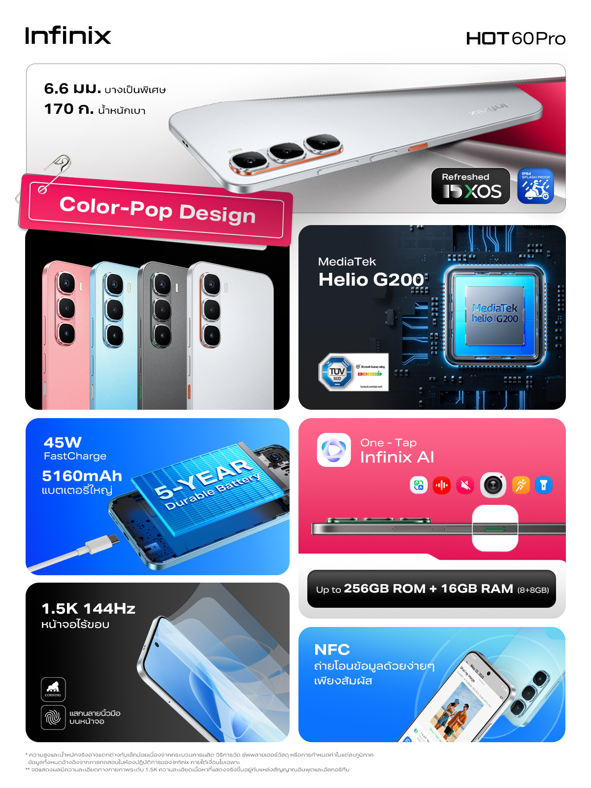 Infinix รุ่น X6885 HOT 60 Pro ชิป Helio G200 RAM 16GB จอ 1.5K AMOLED 144Hz เพื่อประสิทธิภาพการใช้งานและความบันเทิงที่เหนือระดับ