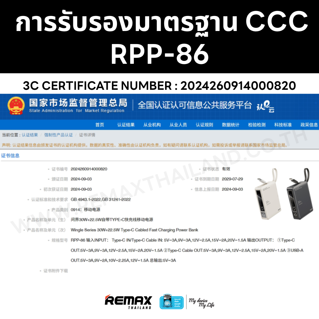[ CCC ] Remax Power Bank 10000mAh (RPP-86) - แบตสำรอง มีสายในตัว USB ...