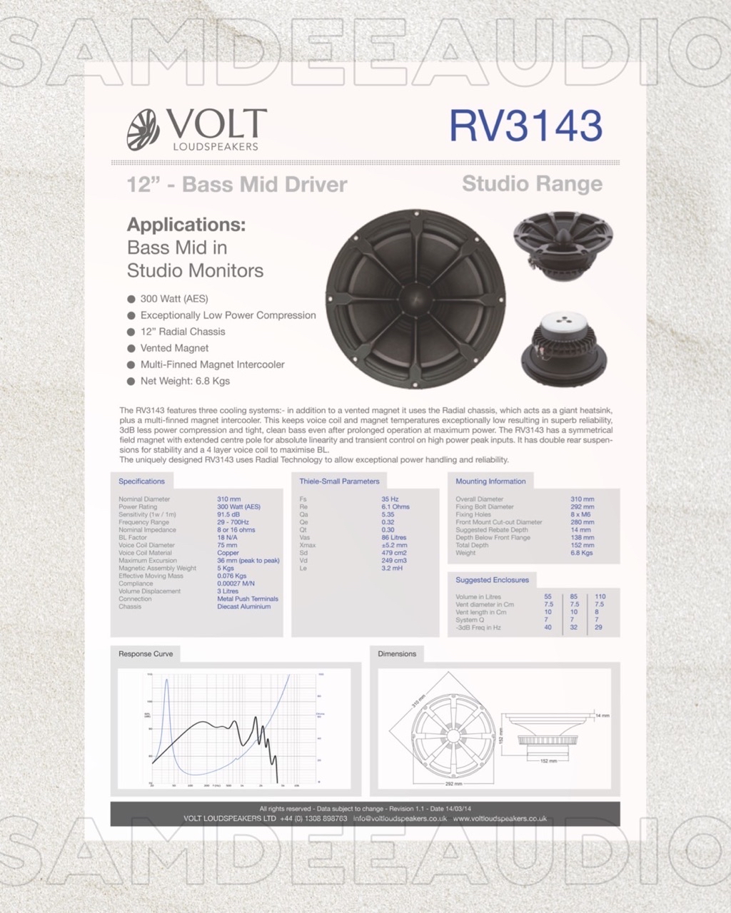 ราคาต่อ1ตัว/VOLT RV3143 WOOFER 12