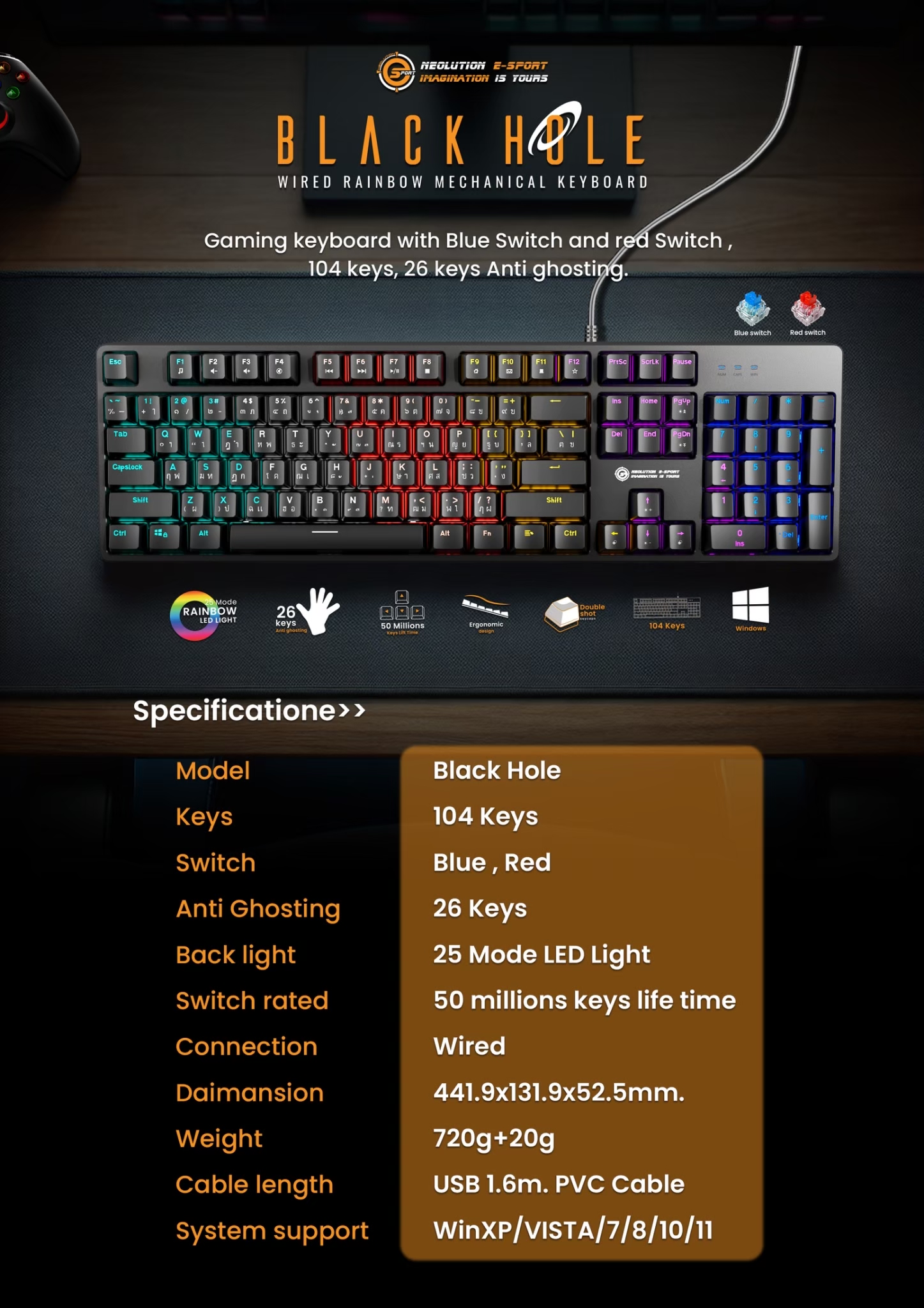 Neolution E-Sport Gaming Keyboard รุ่น BLACKHOLE ไฟ Rainbow LED Blue ...