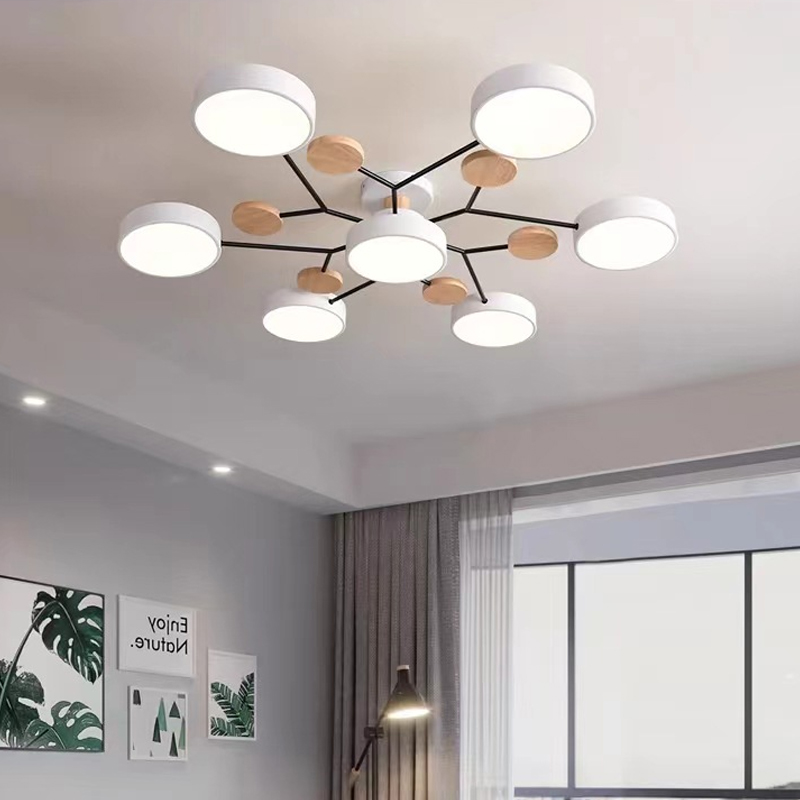 ECONNโคมไฟเพดานโคมไฟติดเพดาน LED ไม้ 7 หัว ปรับแสงได้ 3 สี้อุ่น ขาว ...