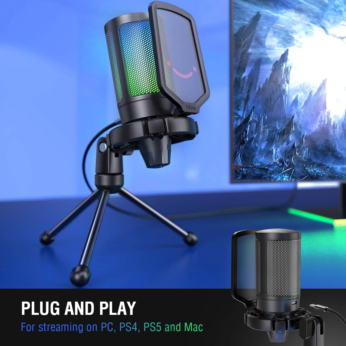 Fifine A6VW USB Mic with Tripod Stand RGB [White] ไมโครโฟน RGB พร้อมขา ...