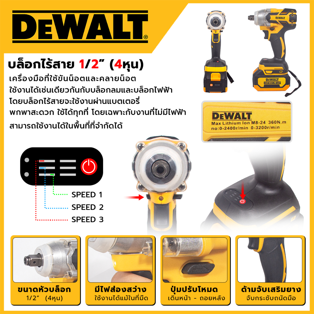 DEWALT ประแจไฟฟ้า 359V บล็อกไฟฟ้า 600N.M แบตเตอรี่ลิเธียม 2ก้อน บล็อก ...