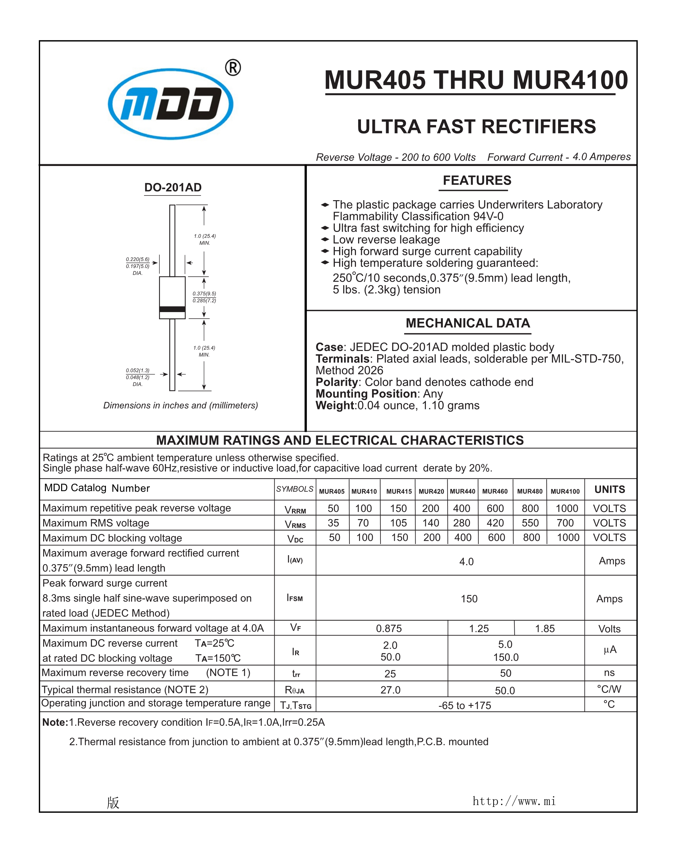 { MDD 10ตัว } MUR460 4A 600V Ultra Fast Diode 50ns Original ยี่ห้อ MDD ...