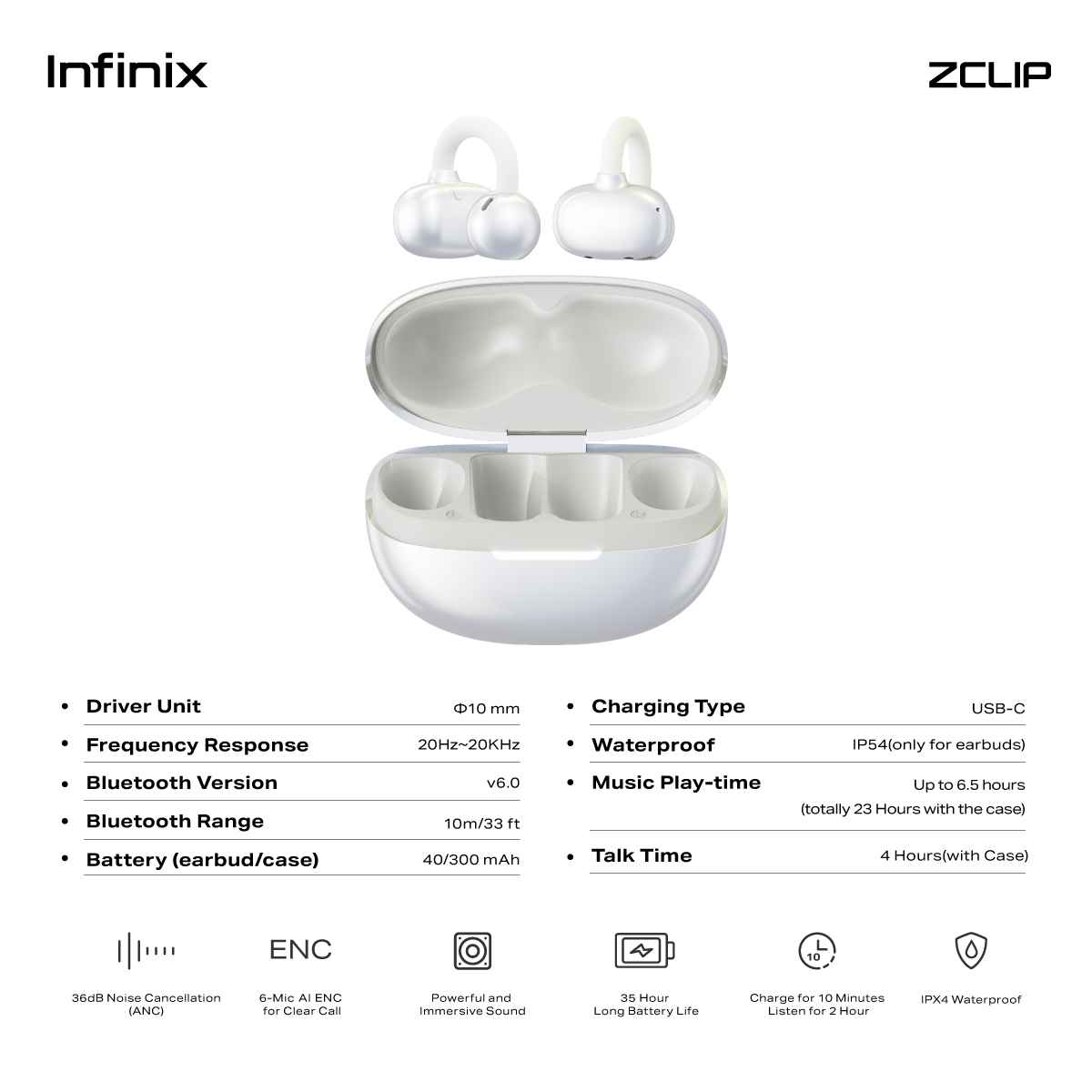Infinix ZClip ประกันศูนย์ไทย 12 เดือน หูฟังบลูทูธ ดีไซน์แบบ Clip-On ใส่ ...