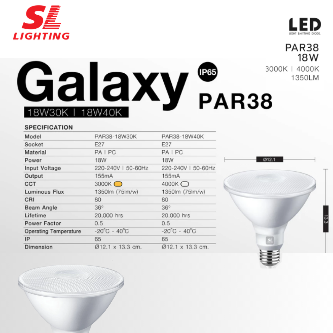 SL LIGHTING หลอดไฟ LED GALAXY PAR38 18W ขั้ว E27 แสง 3000K วอร์ม ...