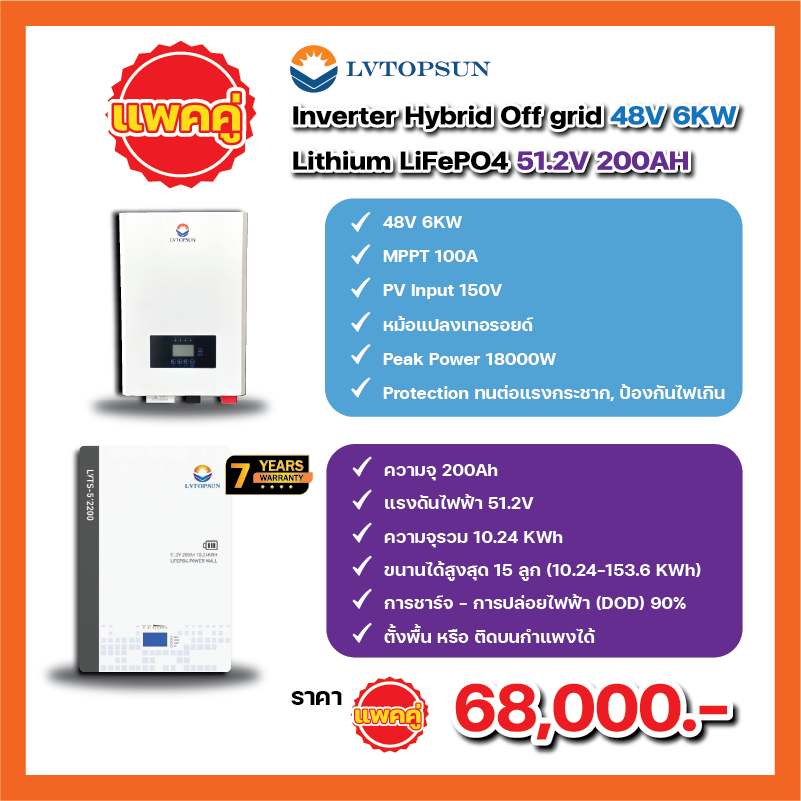 Hybrid Off Grid Inverter 6000W 48V MPPT 100A เทอรอยด์ รับแรงกระชากได้ 3 ...