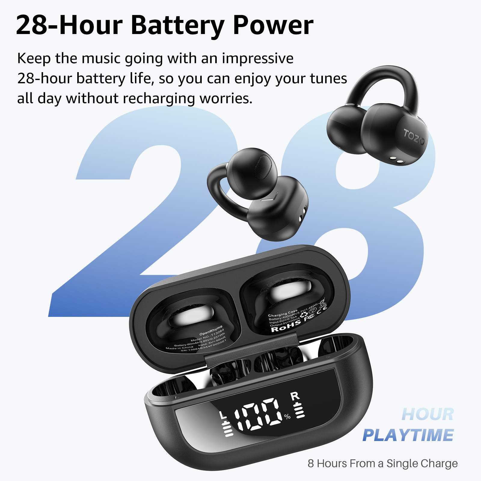 TOZO OpenRhyme หูฟังบลูทูธ หูฟังไร้สาย หูฟังคลิปออน เบสหนัก Bluetooth 5.3 แบต 8 ชม/ชาร์จ IPX5 Game Mode