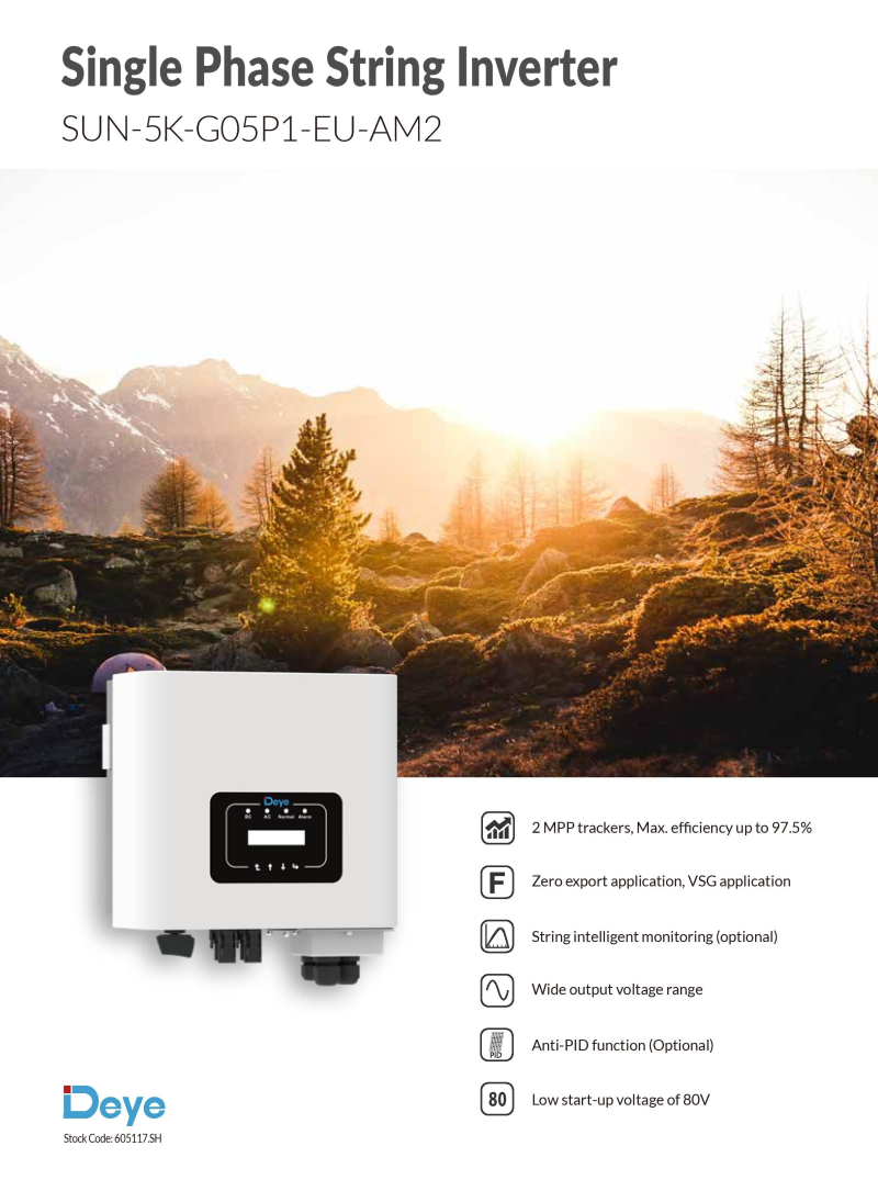 DEYE 5KW SUN-5K-G05P1-EU-AM2 230VAC SINGLE PHASE 2 MPPT | Shopee Thailand