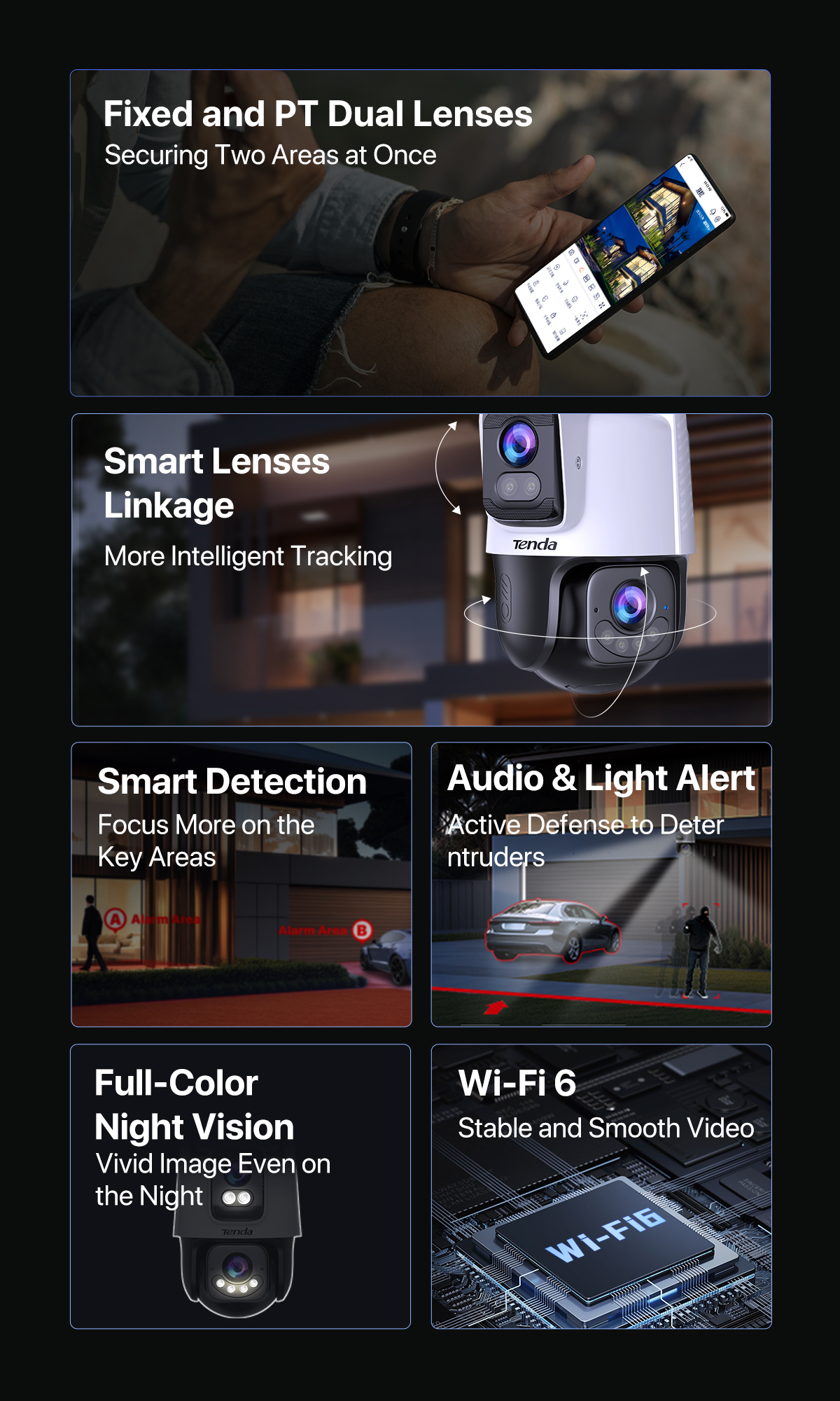 Tenda RH9 Outdoor Security เลนส์คู่ Wi-Fi Pan/Tilt CCTV Camera 6MP Color Night Vision Dual lens