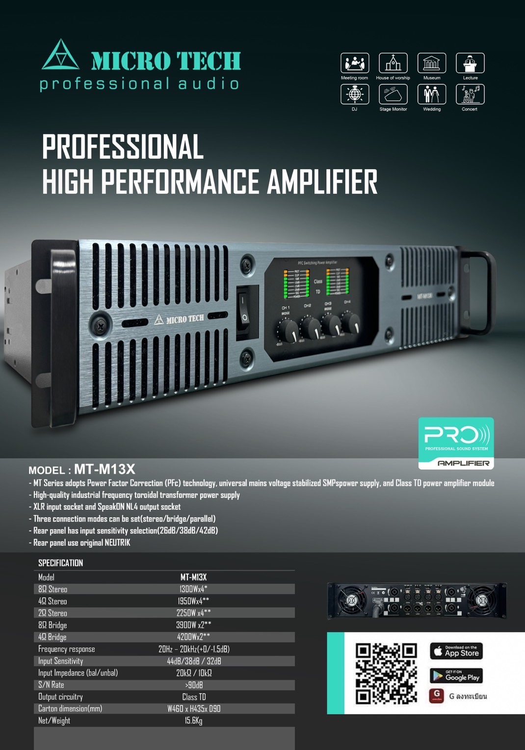 MICROTECH MT-M13X เพาเวอร์แอมป์ สวิชชิ่ง 4CH x 1300W. Switching Power ...