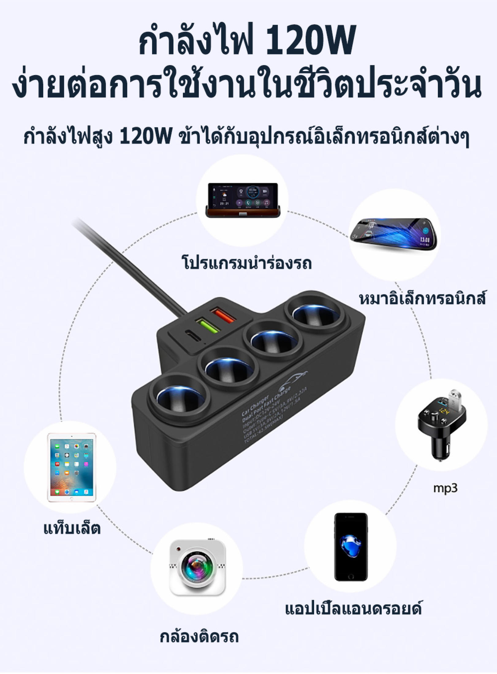 MOTUS D-25 120W ที่ชาร์จ ในรถยนต์แบบหลายพอร์ต 3in1 2 USB port +1PD port ...
