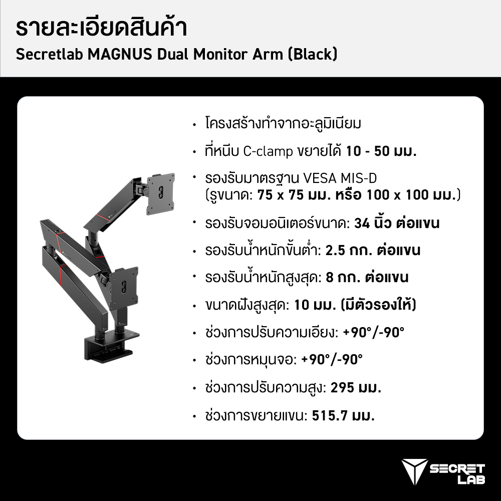 Secretlab MAGNUS Dual Monitor Arm (Black) — แขนยึดจอมอนิเตอร์แบบคู่ ...