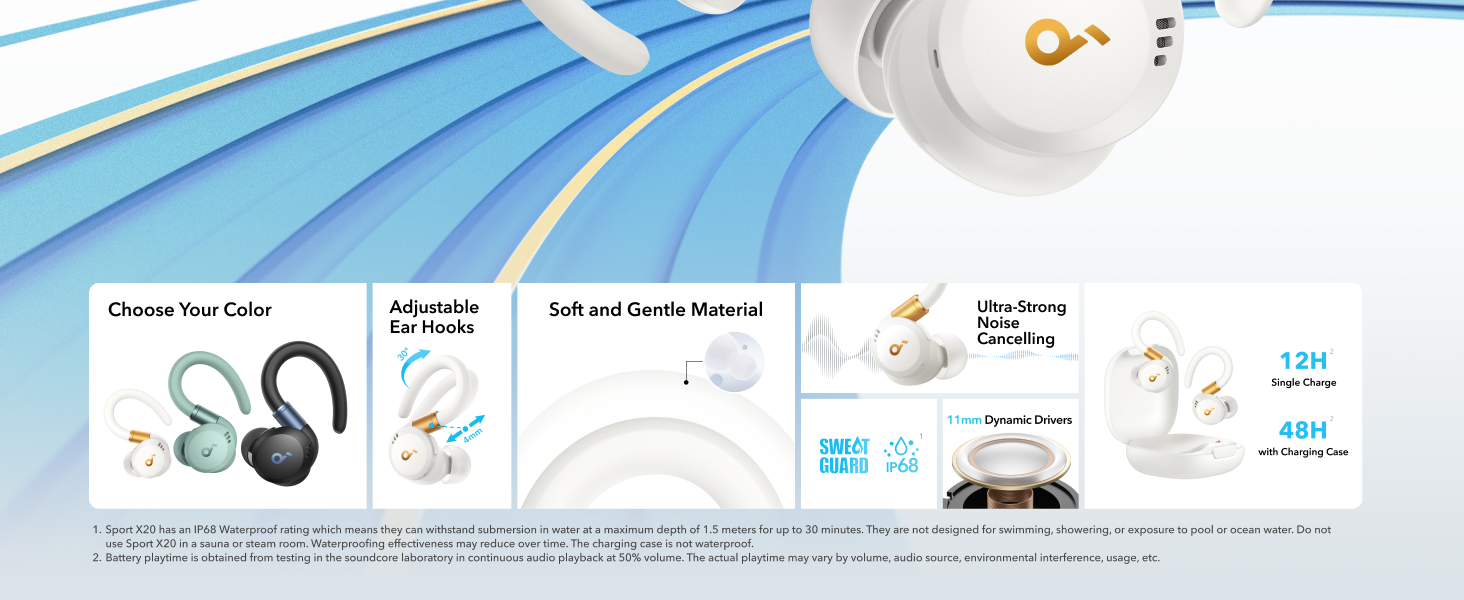 Soundcore Sport X20 True-Wireless Sport Earbuds with Hook หูฟังบลูทูธ หูฟังออกกำลังกาย Adaptive ANC หูฟังไร้ส