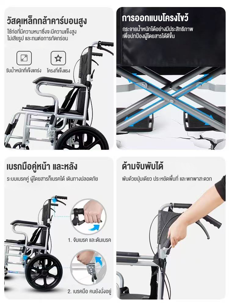 HIMIWAY รถเข็นผู้ป่วย wheelchair รถเข็นผู้ใหญ่ พับได้น้ำหนักเบาท่อเหล็กหนาสกู๊ตเตอร์ผู้สูงอายุรถเข็นแบบพกพา รถเข็นผู้ป่วยพับได้